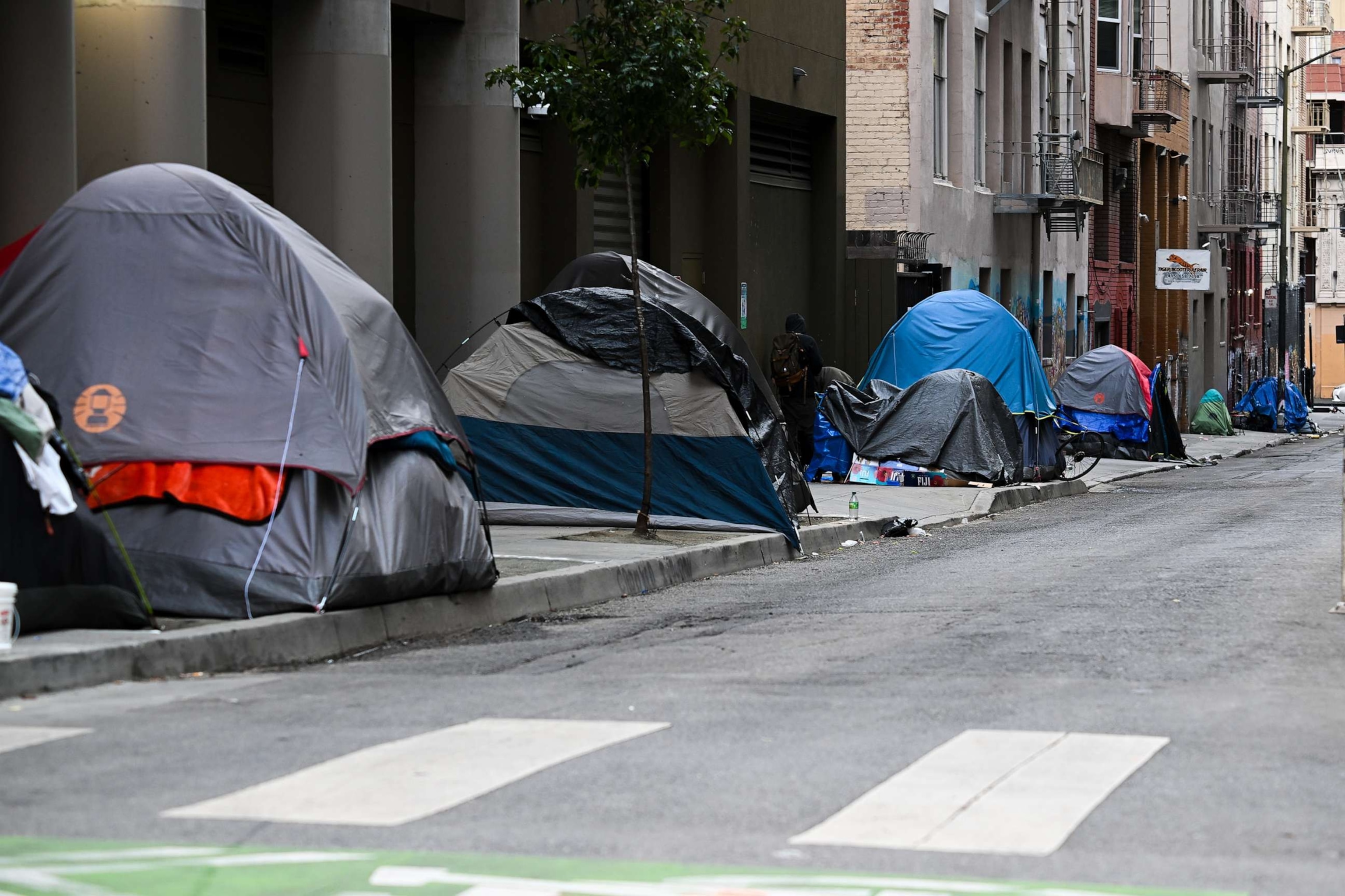 PHOTO: A homeless encampment is seen on a sidewalk in San Francisco, Sept. 2, 2023.