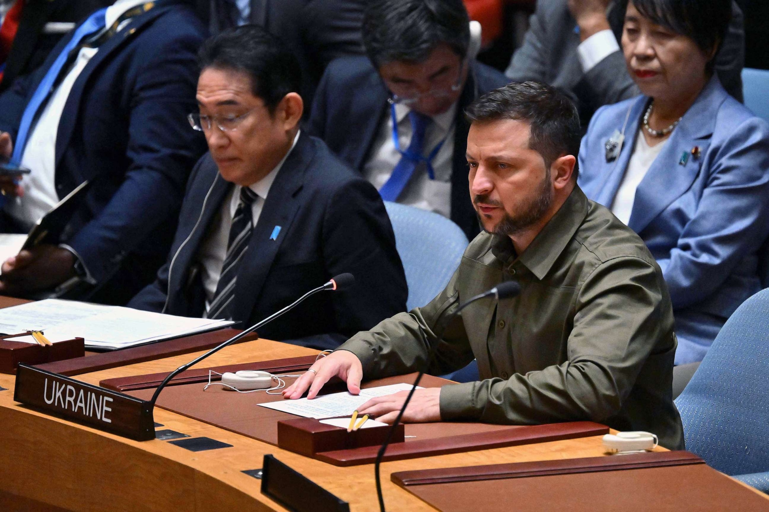 PHOTO: Ukrainian President Volodymyr Zelenskyy speaks during a high level Security Council meeting on the situation in Ukraine on the sidelines of the 78th UN General Assembly, at UN headquarters in New York City, Sept. 20, 2023.