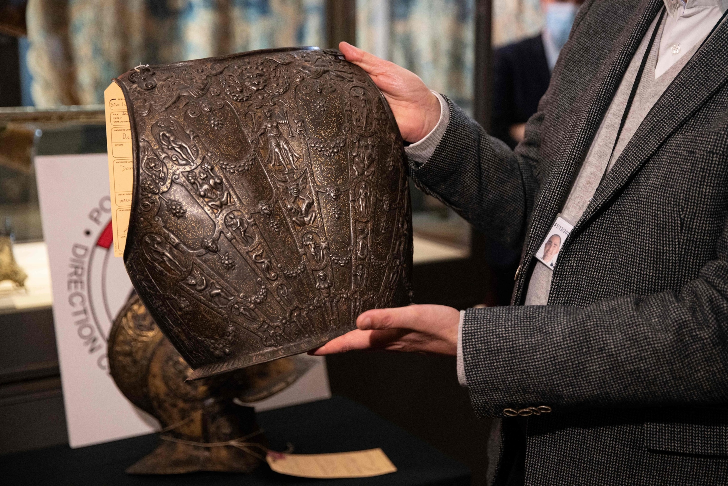 PHOTO: An ancient breastplate during its official restitution in Paris, March 3, 2021.