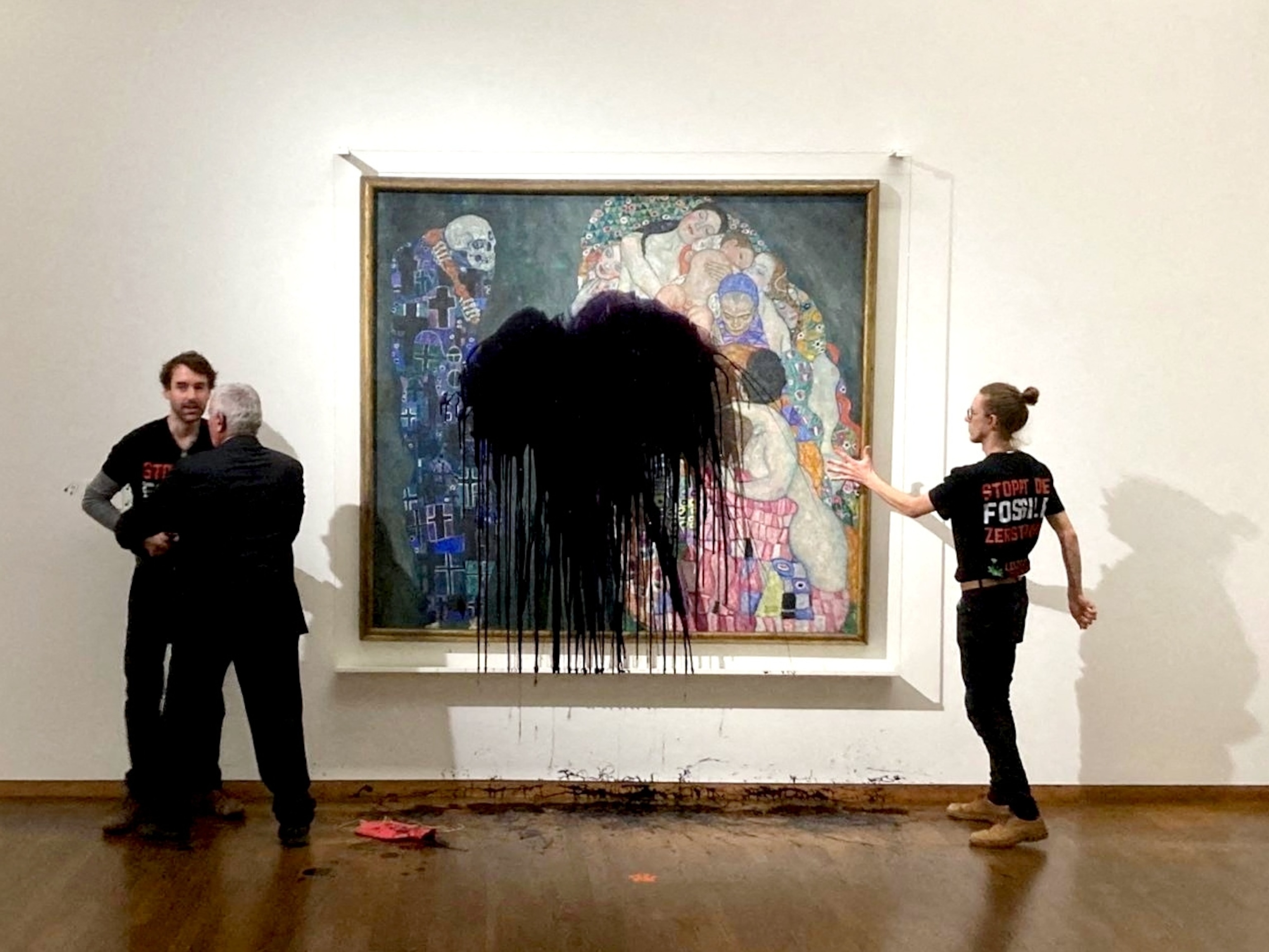 PHOTO: Gustav Klimt's painting "Tod und Leben" is seen after activists of Last Generation Austria spilled oil on it in Leopold museum in Vienna, Nov. 15, 2022.