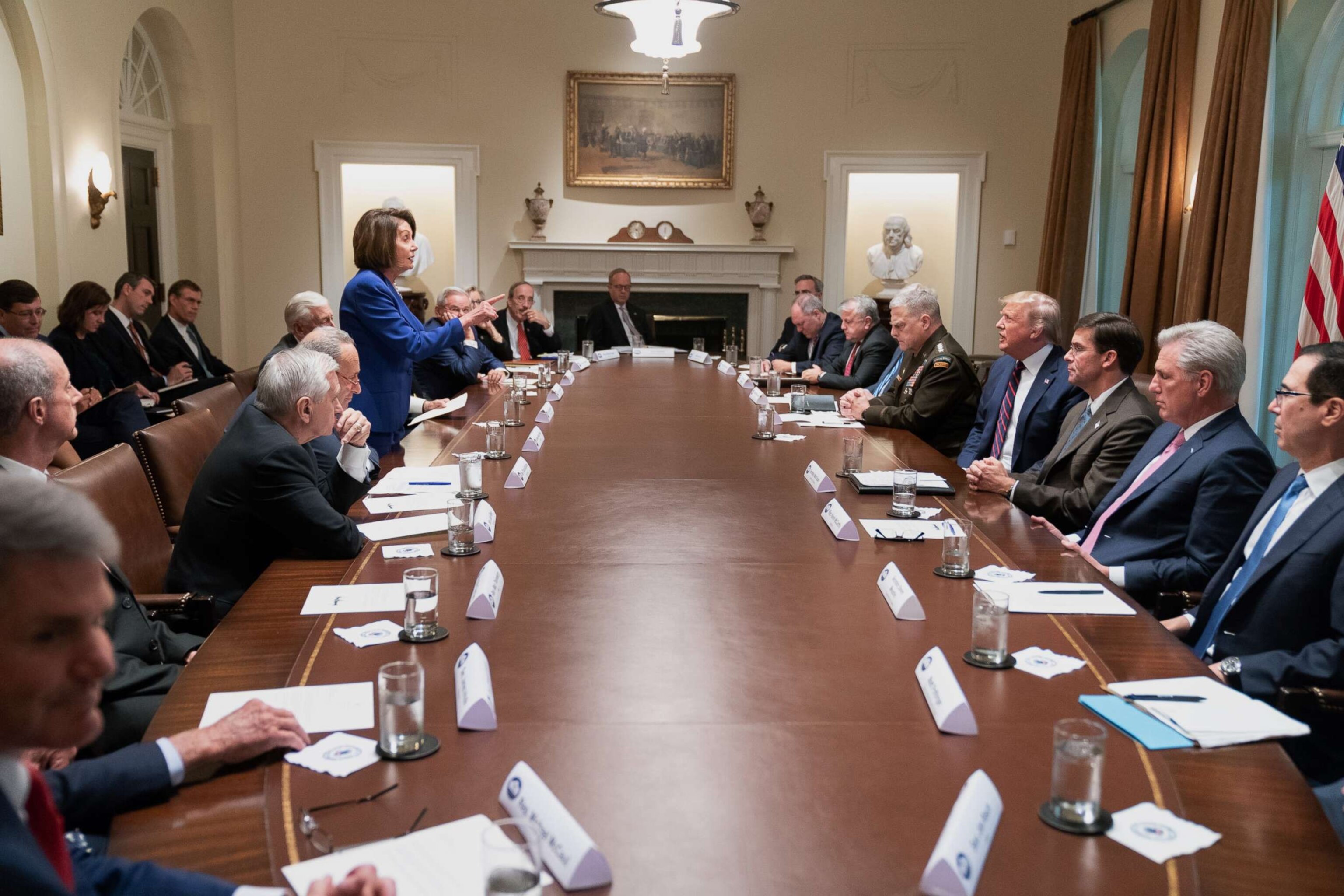 PHOTO: President Donald Trump meets with House Speaker Nancy Pelosi and Congressional leadership in the Cabinet Room of the White House October 16, 2019 in Washington.