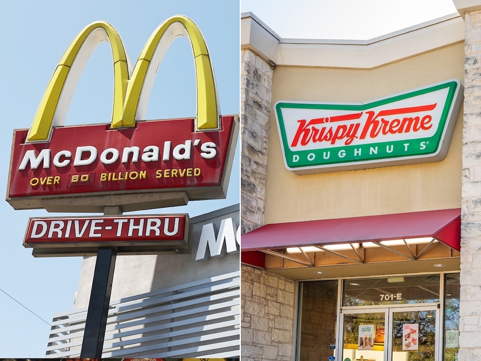 PHOTO: The McDonald's logo is displayed at a McDonald's restaurant, July 22, 2024, in Burbank, Calif.  A Krispy Kreme store, Feb. 13, 2024, in Austin, Texas
