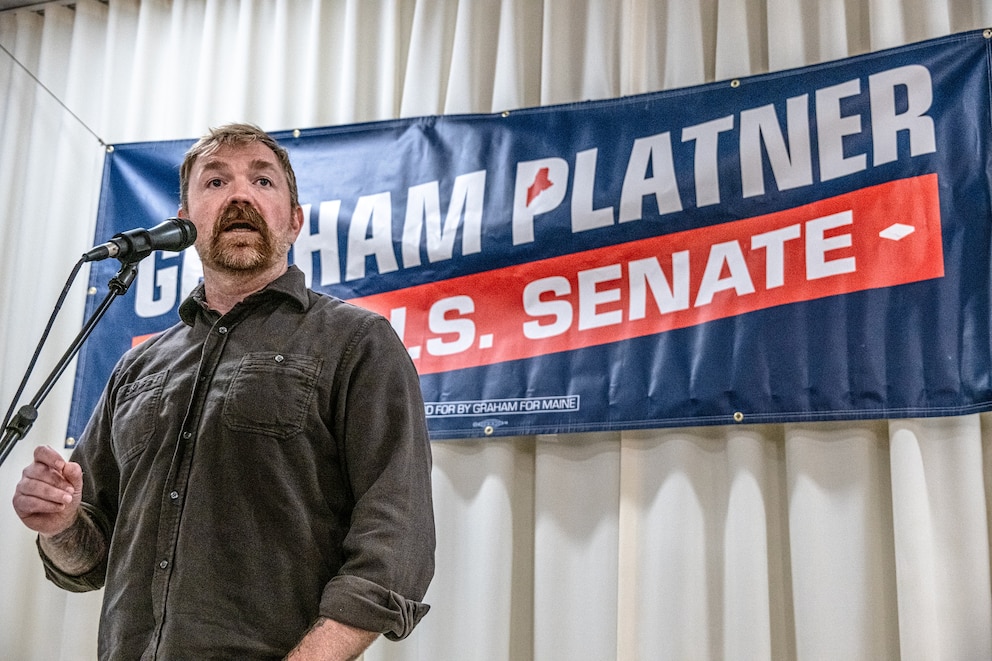 PHOTO: Democratic Senate candidate Graham Platner speaks to voters at a town hall at the Elks Lodge 188,  June 7, 2026, in Portland, Maine. 