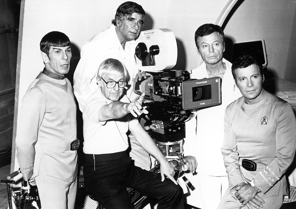Leonard Nimoy, DeForest Kelley and William Shatner pose with "Star Trek" writer/creator Gene Roddenberry and director Robert Wise during the filming of the movie "Star Trek: The Motion Picture," which was released Dec. 27, 1979. in the United States.
