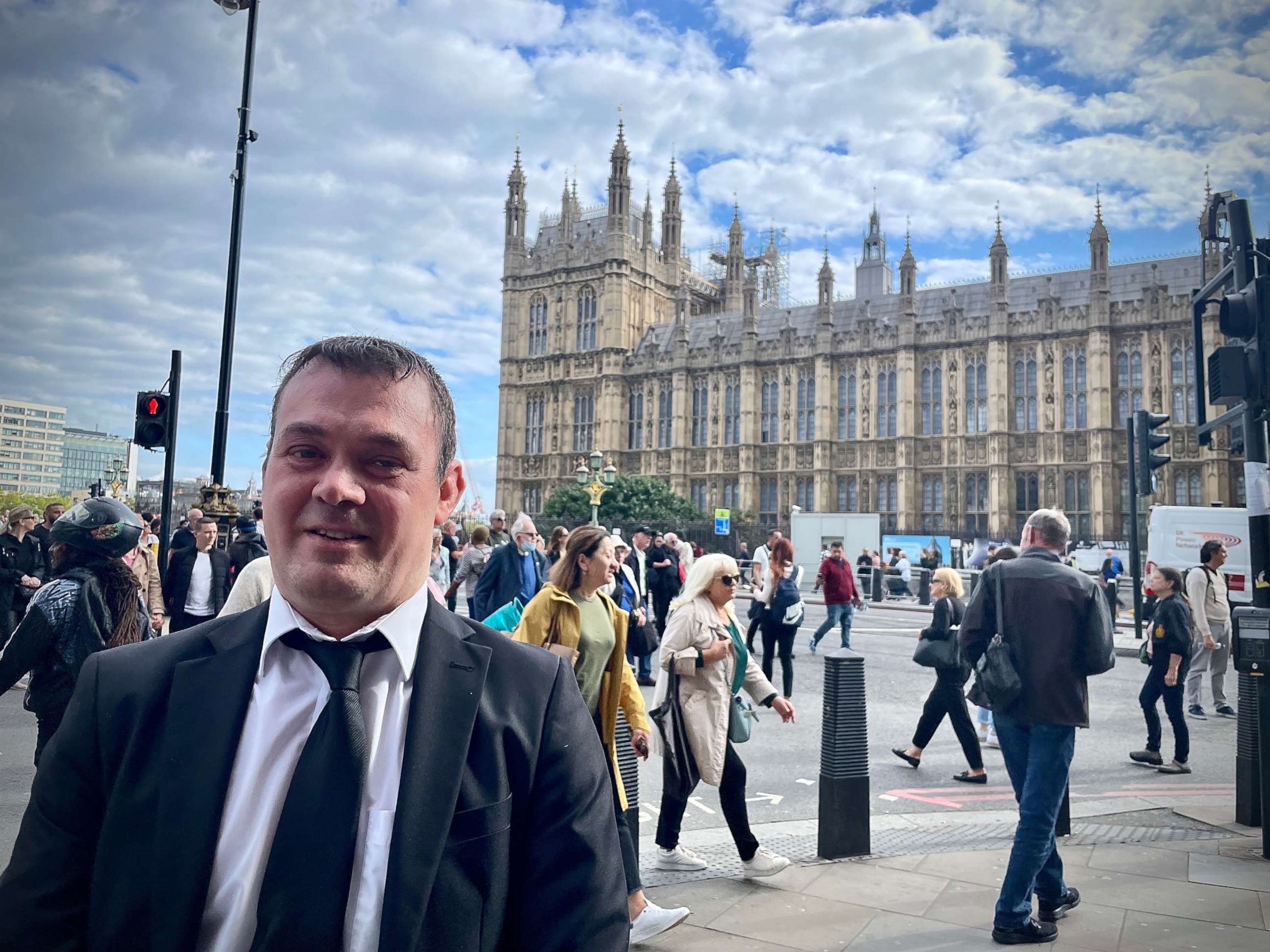 PHOTO: Stuart Chaplin is among the hundreds of thousands of mourners lining up to pay their respects in London as Queen Elizabeth II lies in state in Westminster Hall until her state funeral on Monday, Sept. 19, 2022.