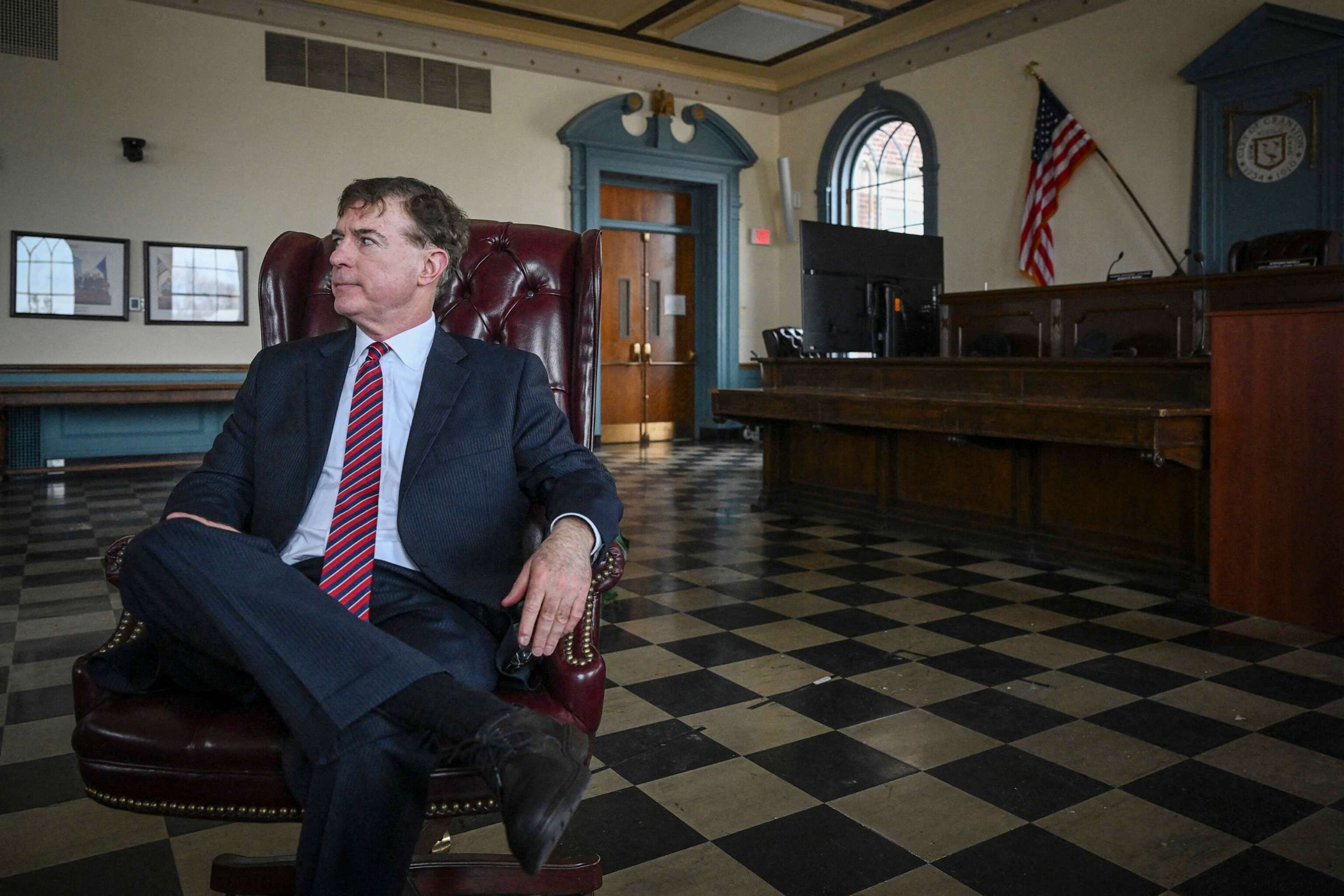 PHOTO: Republican 2024 presidential hopeful Steve Laffey poses for a photo at the council chambers in Cranston, R.I., on March 17, 2023.