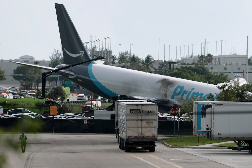 An Amazon cargo plane is seen after it crashed at Miami International Airport on Sept. 6, 2026, in Miami, Florida. 