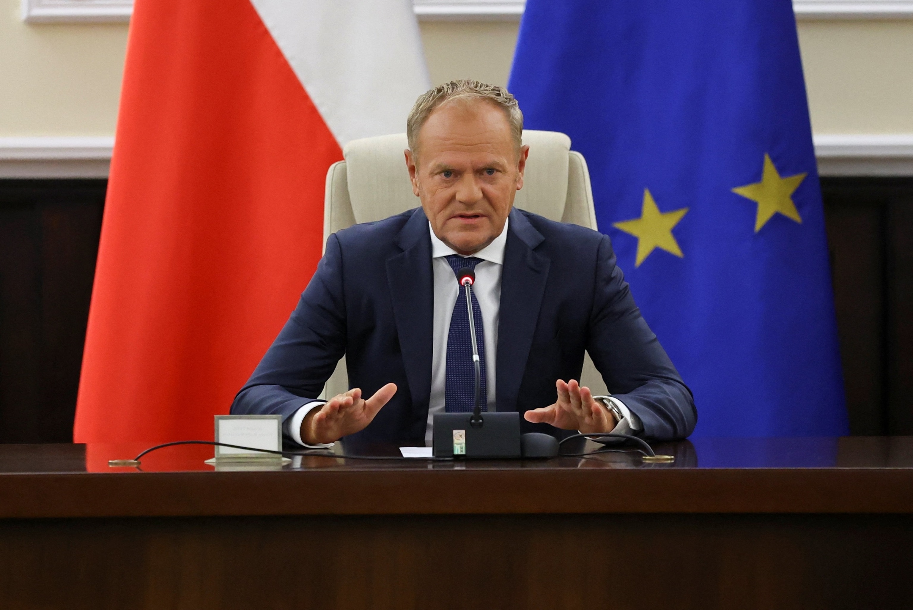 PHOTO: Polish Prime Minister Donald Tusk holds an extraordinary government meeting at the Chancellery of the Prime Minister, in Warsaw, Poland, September 10, 2025.