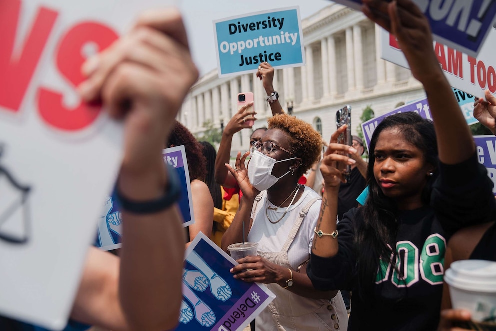 PHOTO: Affirmative Action supporters and and counter protestors shout at each outside of the Supreme Court of the United States on June 29, 2023, in Washington, D.C.