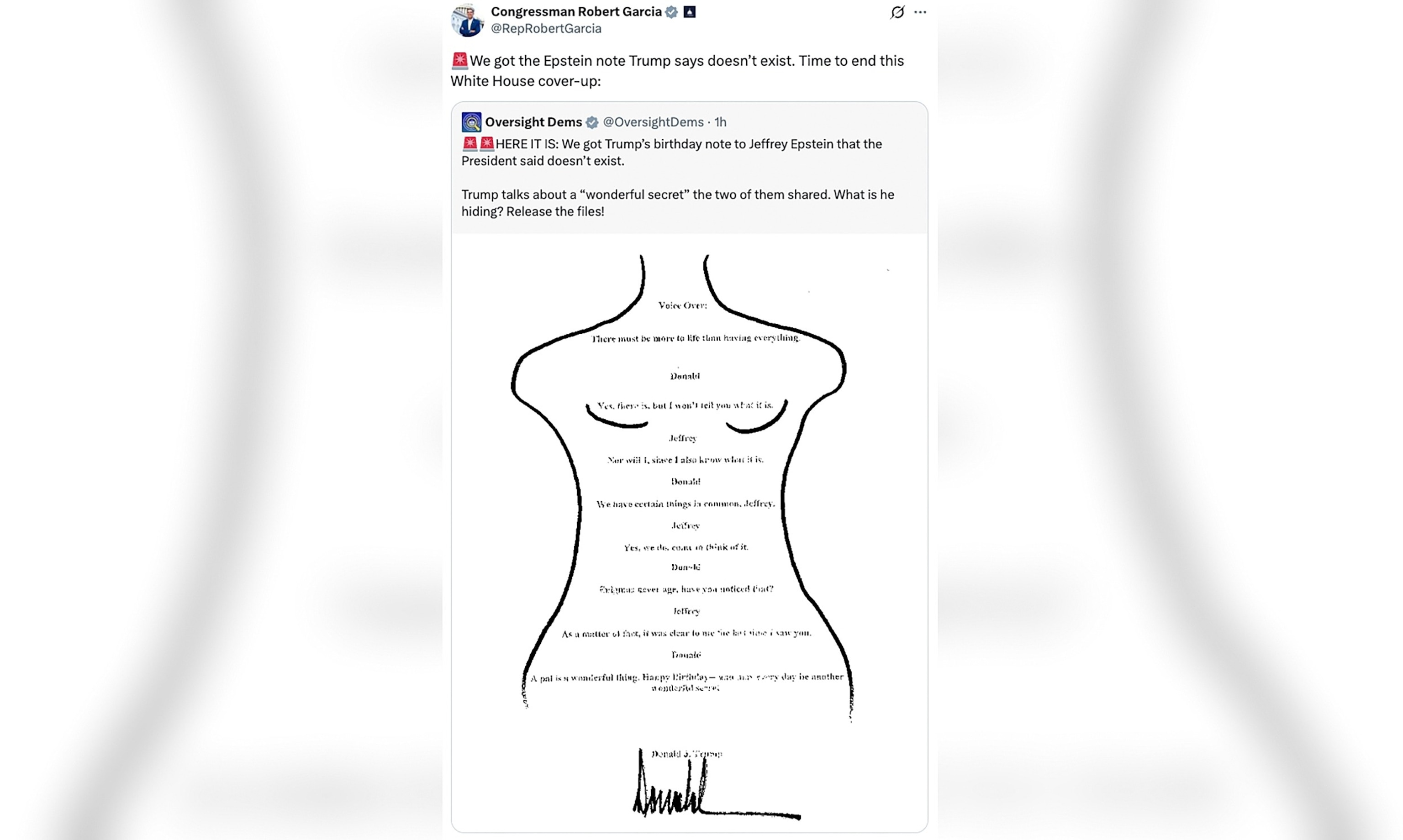 Photo: Democratic representative Robert García published a photo in X that the Democrats say it is the page attributed to Trump in Jeffrey Epstein's "Birthday book" The White House denies that the shared image is the signing of the president.