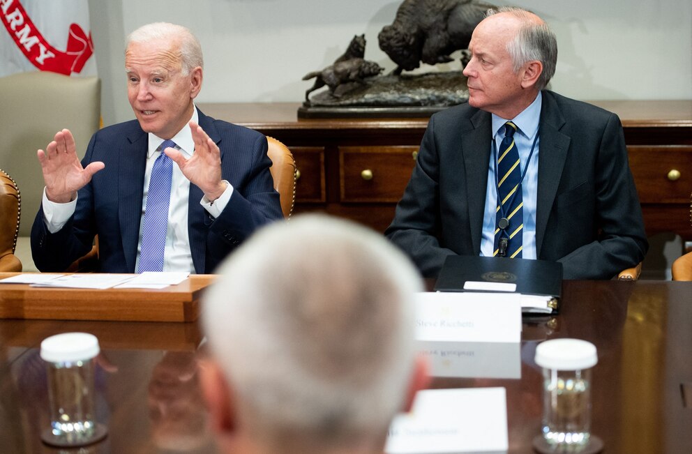 PHOTO: President Joe Biden speaks alongside Steve Ricchetti during a meeting with union and business leaders about the Bipartisan Infrastructure Framework in the Roosevelt Room of the White House in Washington, DC, July 22, 2021.