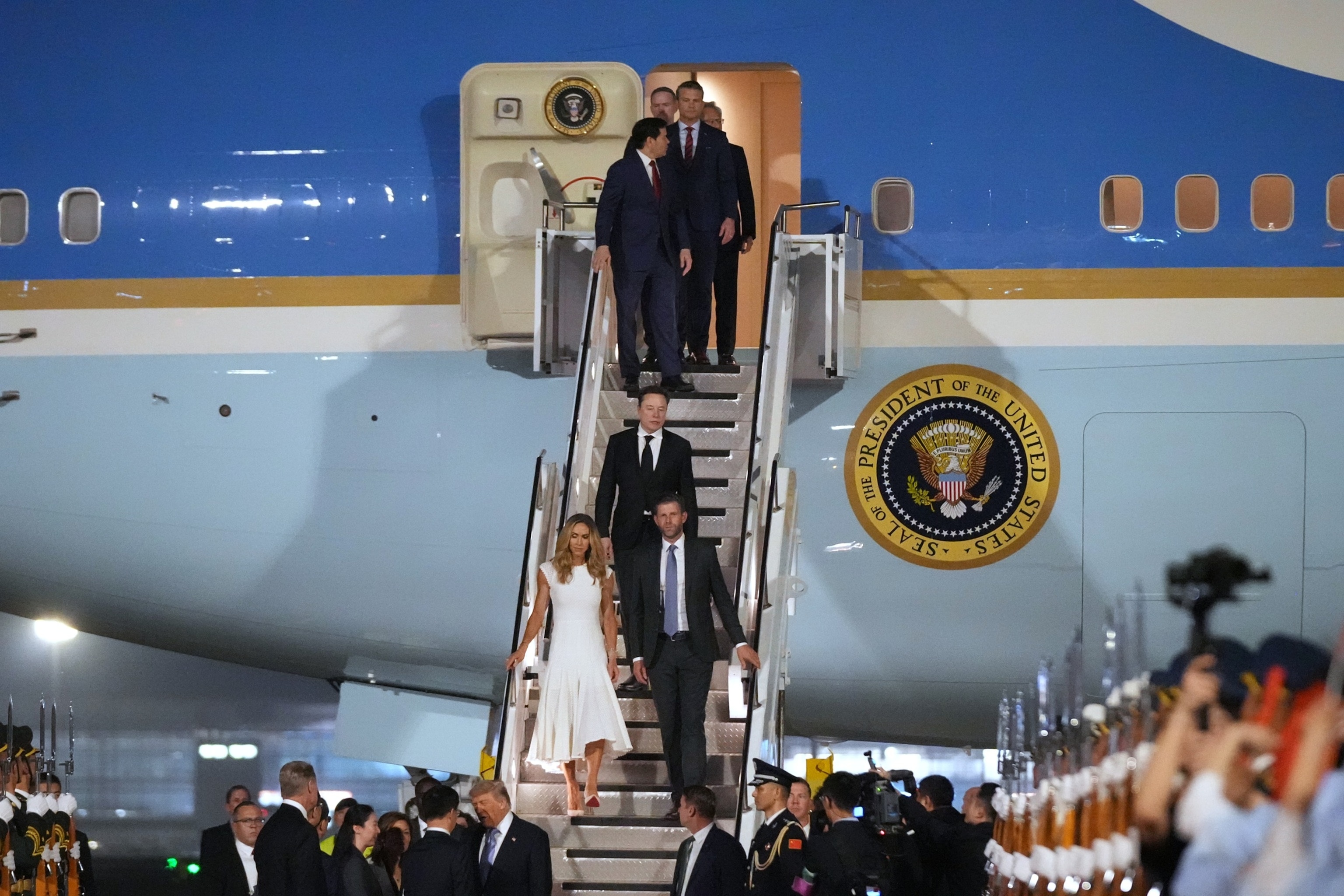 PHOTO: President Donald Trump is greeted by China's Vice President Han Zheng as he arrives on Air Force One, May 13, 2026, at Beijing Capital International Airport in Beijing.