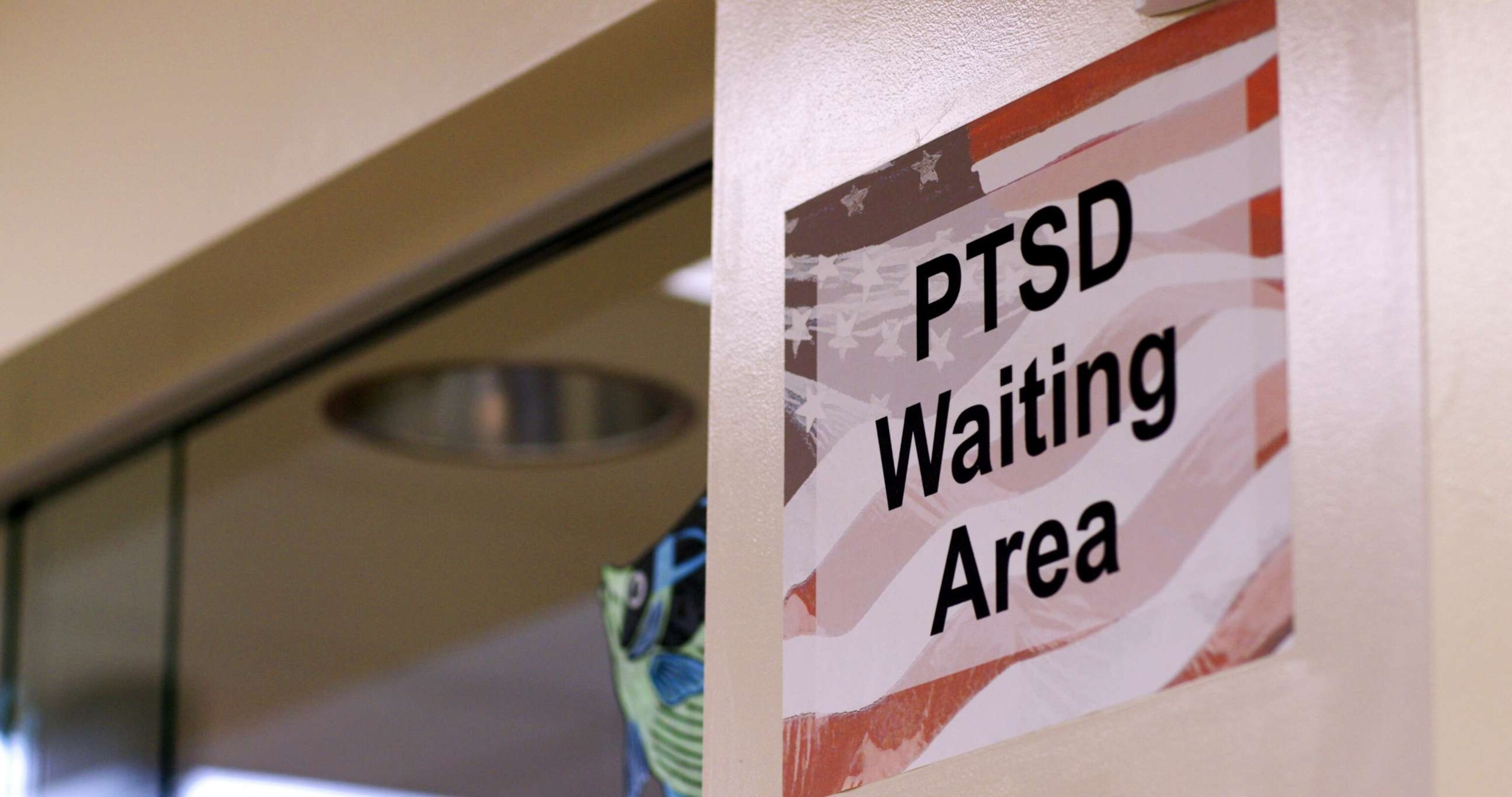 PHOTO: A sign reads "PTSD Waiting Area" in an image from the new documentary "Here.Is.Better."