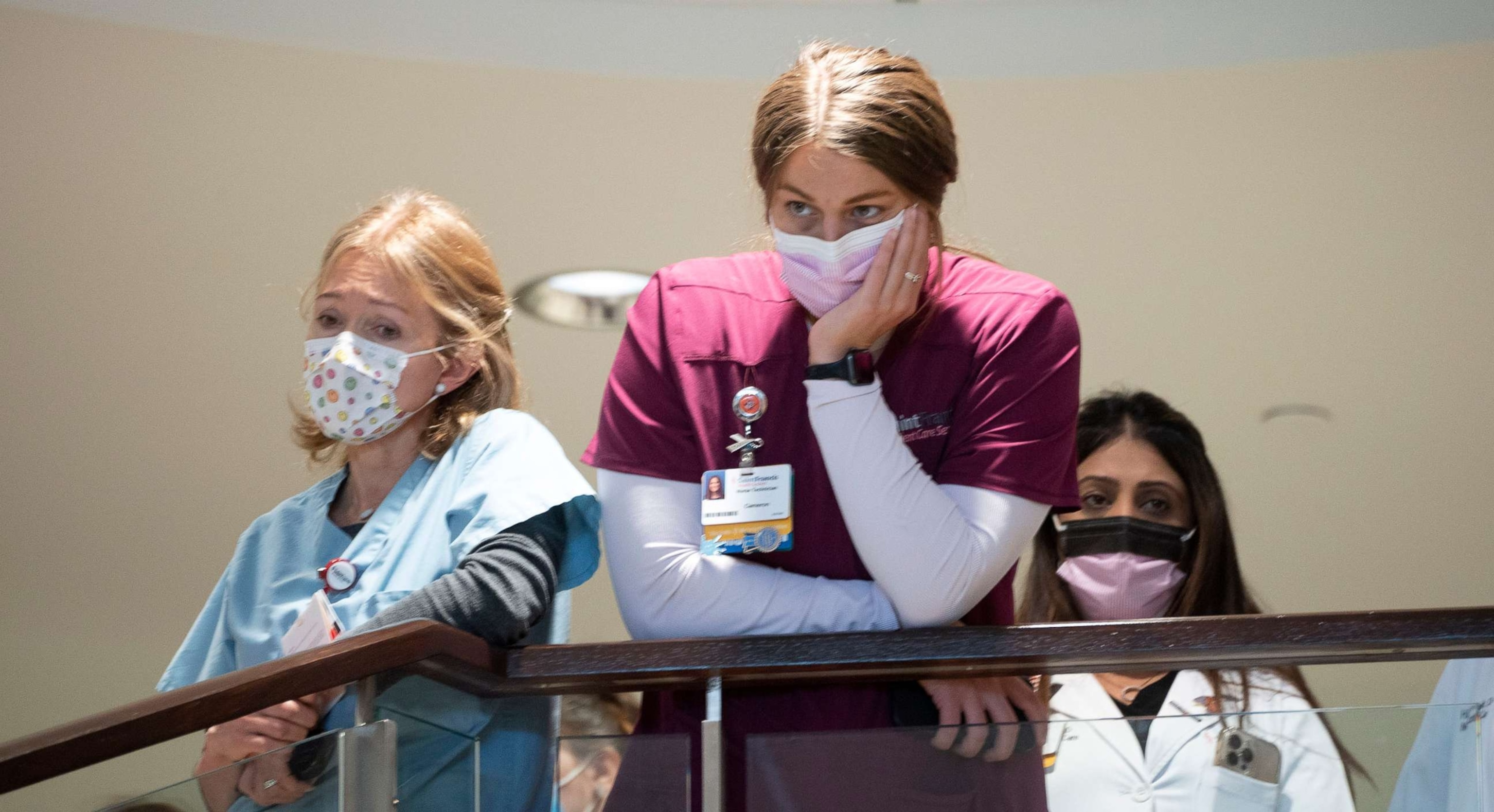 PHOTO: Saint Francis Hospital employees listen to a press conference at Saint Francis Hospital on June 2, 2022 in Tulsa.