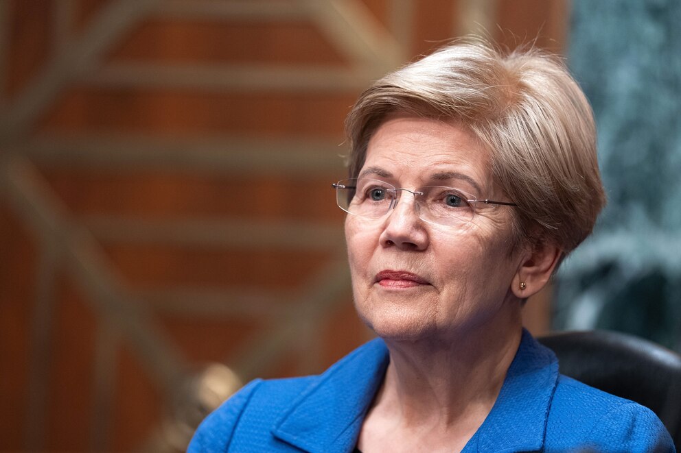 PHOTO: Senator Elizabeth Warren, a Democrat from Massachusetts and ranking member of the Senate Banking, Housing, and Urban Affairs Committee, during a hearing in Washington, D.C.,  March 26, 2026. 