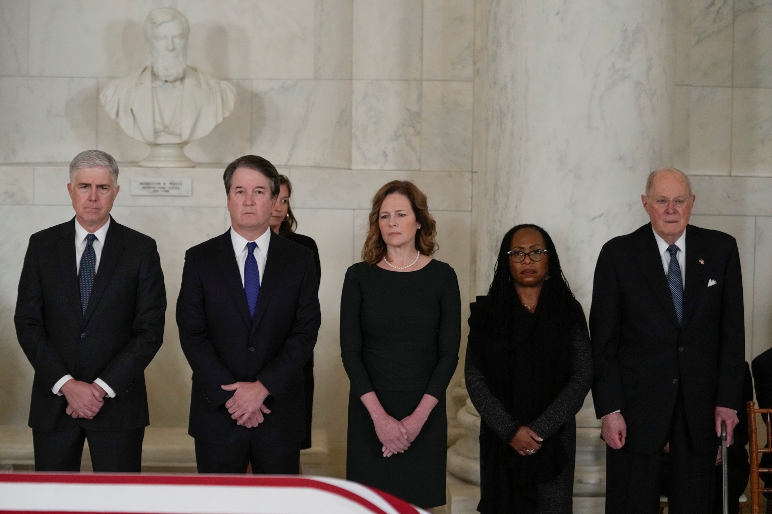 PHOTO: Supreme Court Justices Neil Gorsuch, Brett Kavanaugh, Amy Coney Barrett, Ketanji Brown Jackson and retired Justice Anthony Kennedy at the Supreme Court, Dec. 18, 2023.