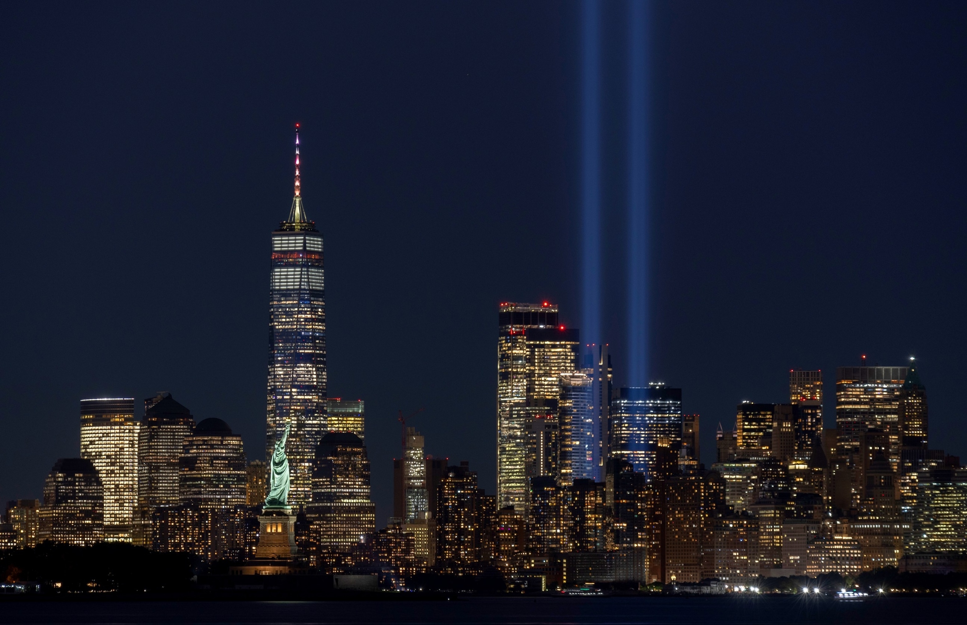 PHOTO: The annual Tribute in Light is illuminated over the skyline of lower Manhattan, One World Trade Center, ahead of the 23rd anniversary of the 9/11 attacks on the World Trade Center on Sept. 9, 2024, as seen from Jersey City, N.J.