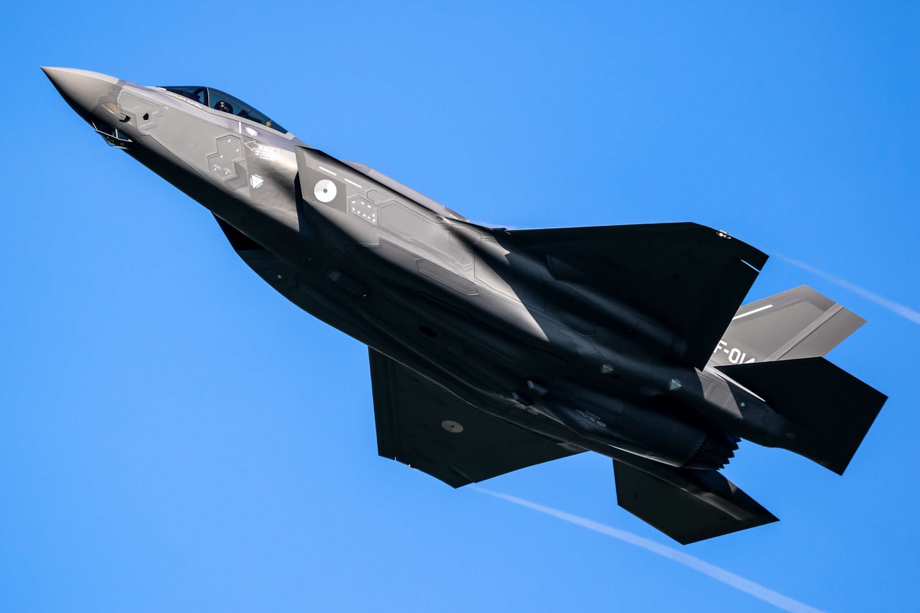 Two U.S. Navy F-35C fly in formation for a photo exercise and the