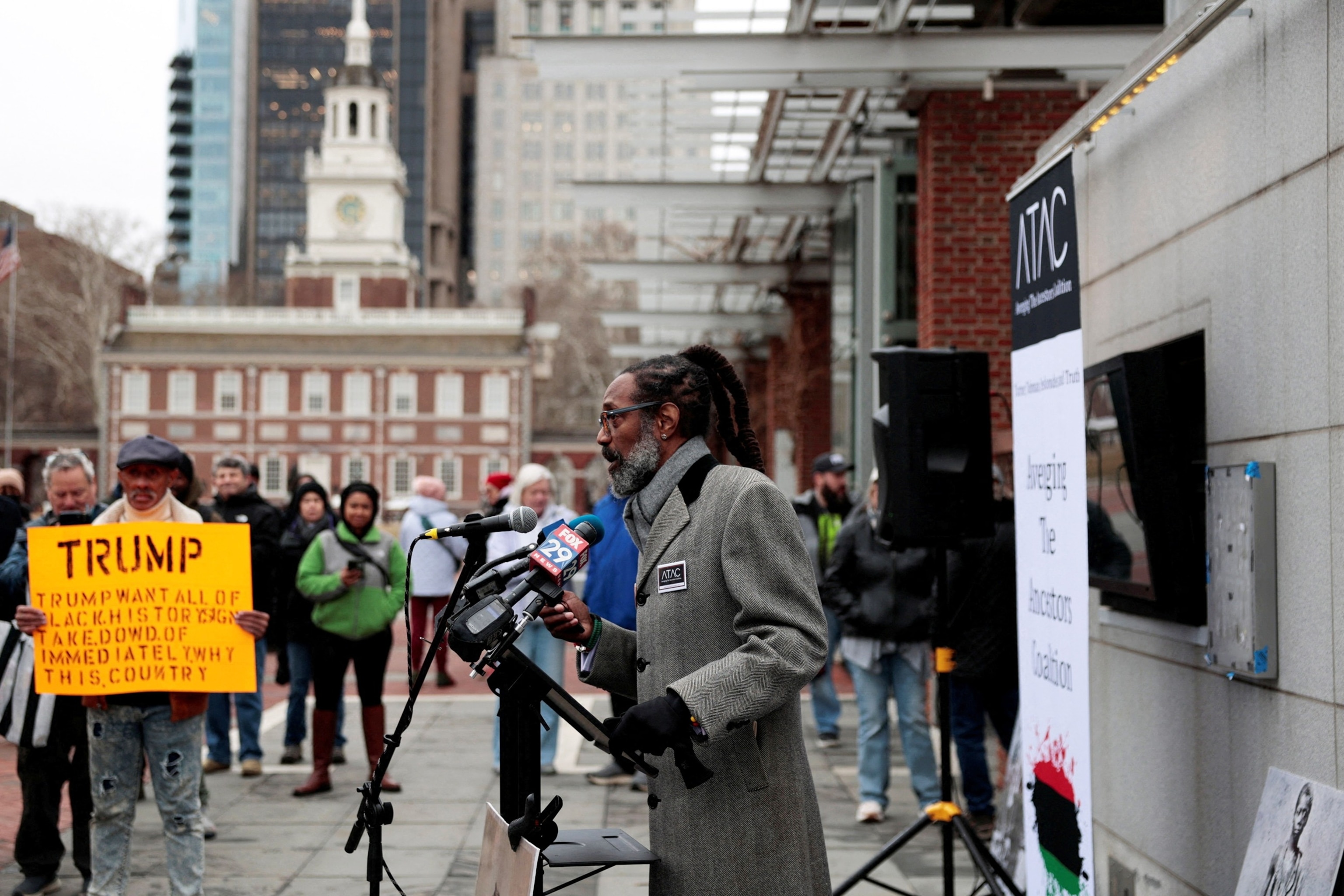 PHOTO: In this Feb. 19, 2026, file photo Michael Coard speaks after National Park Service workers reinstalled a slavery exhibit at the President's House, following a U.S. judge's order to reinstall it, in Philadelphia.