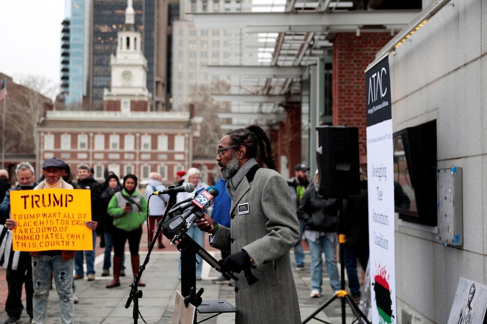 PHOTO: In this Feb. 19, 2026, file photo Michael Coard speaks after National Park Service workers reinstalled a slavery exhibit at the President's House, following a U.S. judge's order to reinstall it, in Philadelphia.