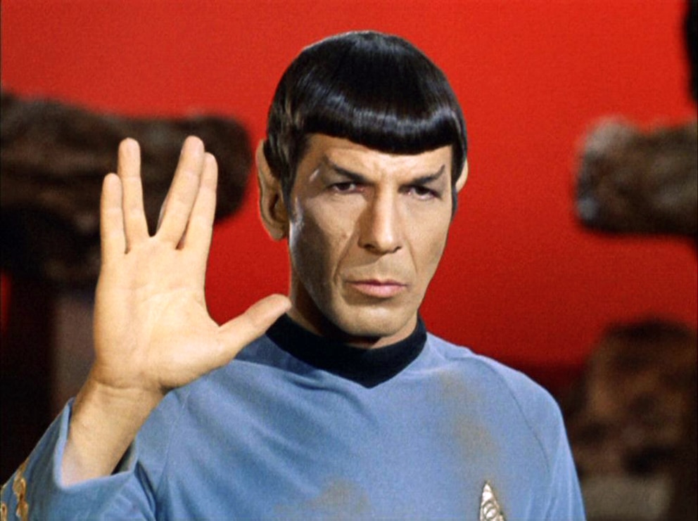Leonard Nimoy as Mr. Spock displaying the Vulcan salute in the "Star Trek" episode "Amok Time."