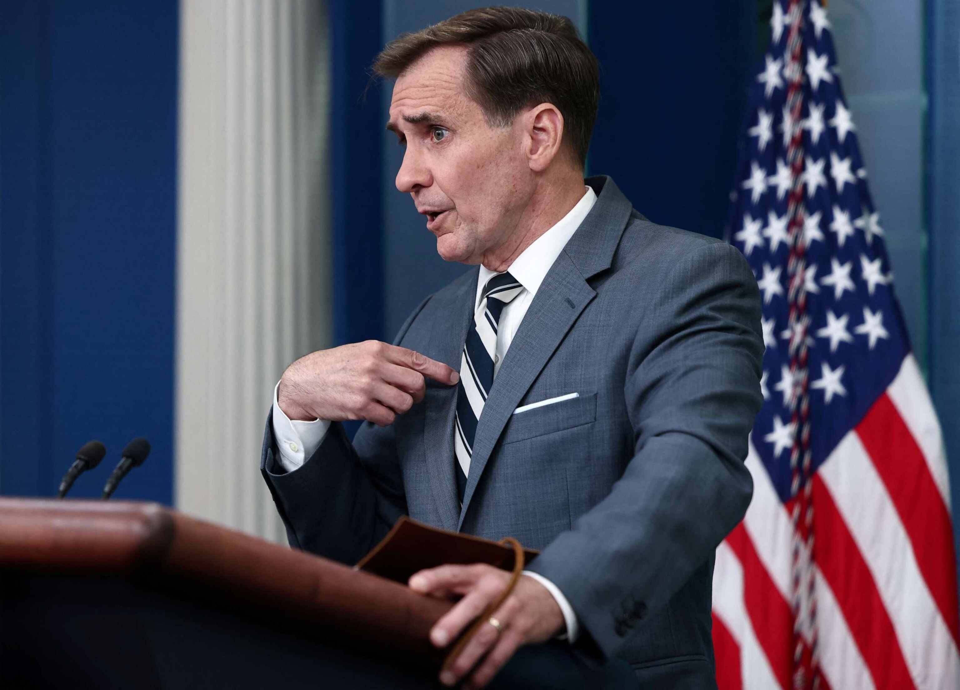 PHOTO: NSC Coordinator for Strategic Communications John Kirby answers questions during the daily press briefing at the White House in Washington, May 31, 2023.