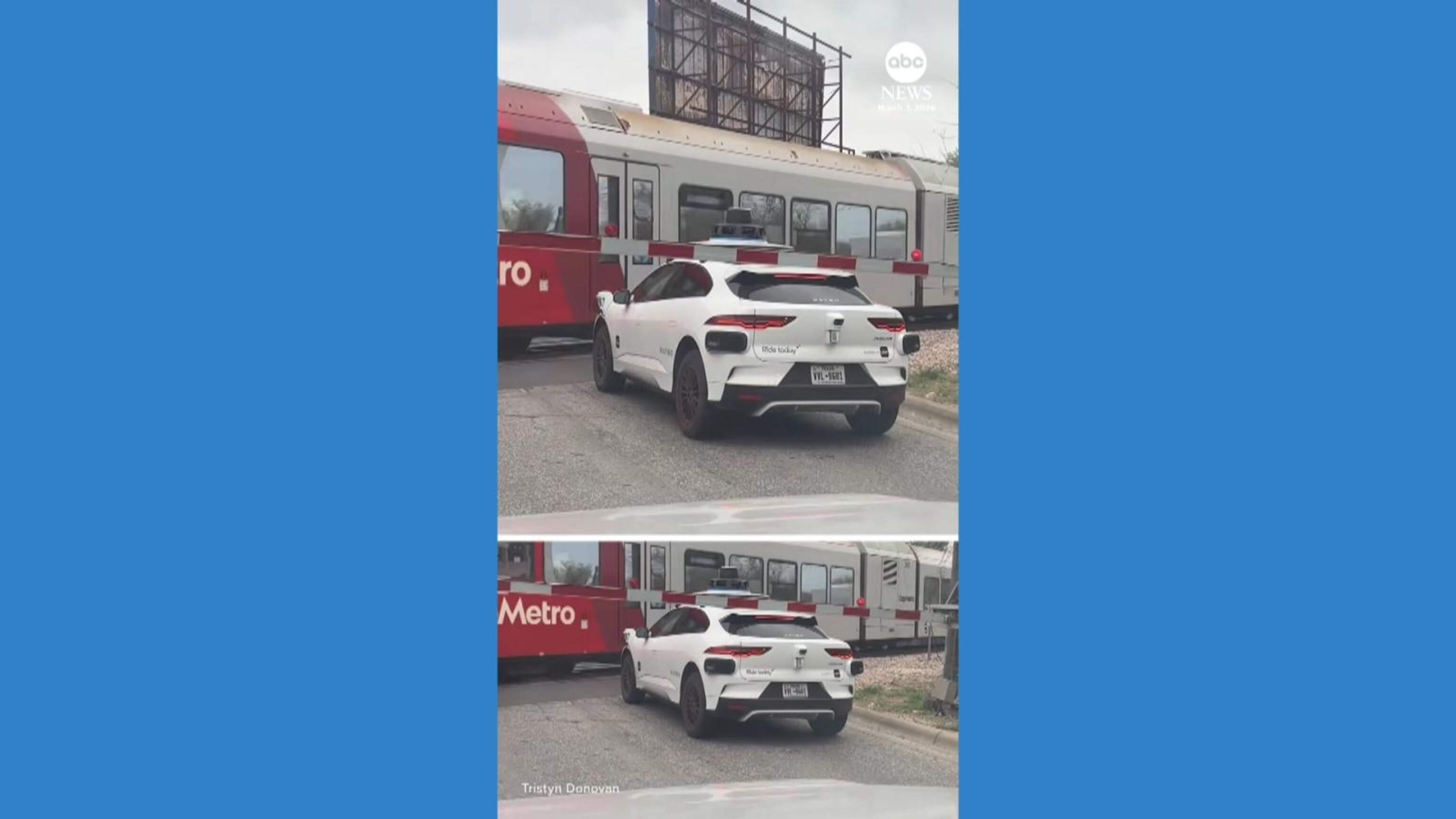 Waymo vehicle stops inside railway crossing gate - ABC News