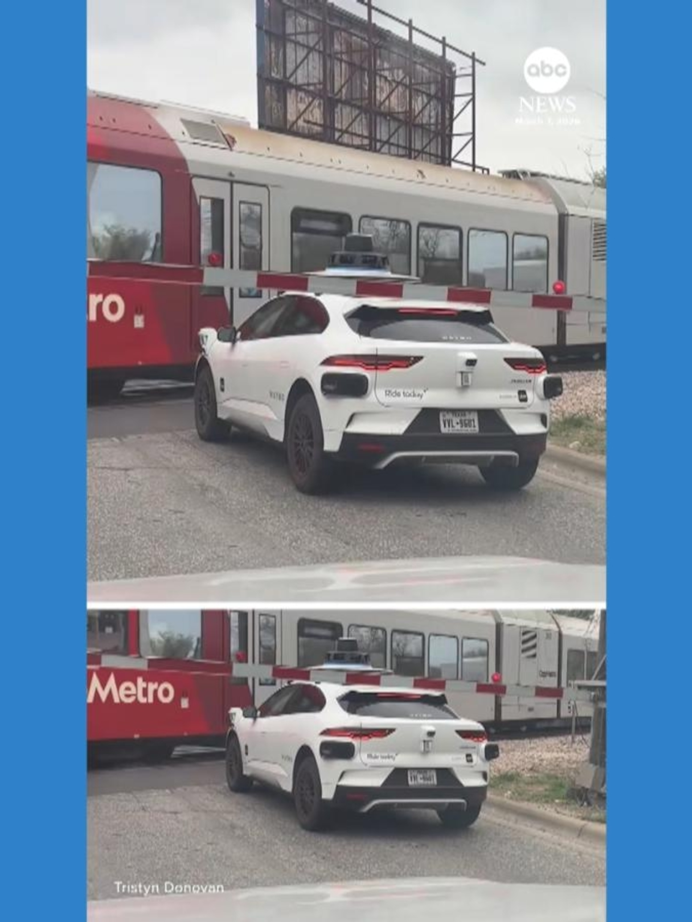Waymo vehicle stops inside railway crossing gate - ABC News
