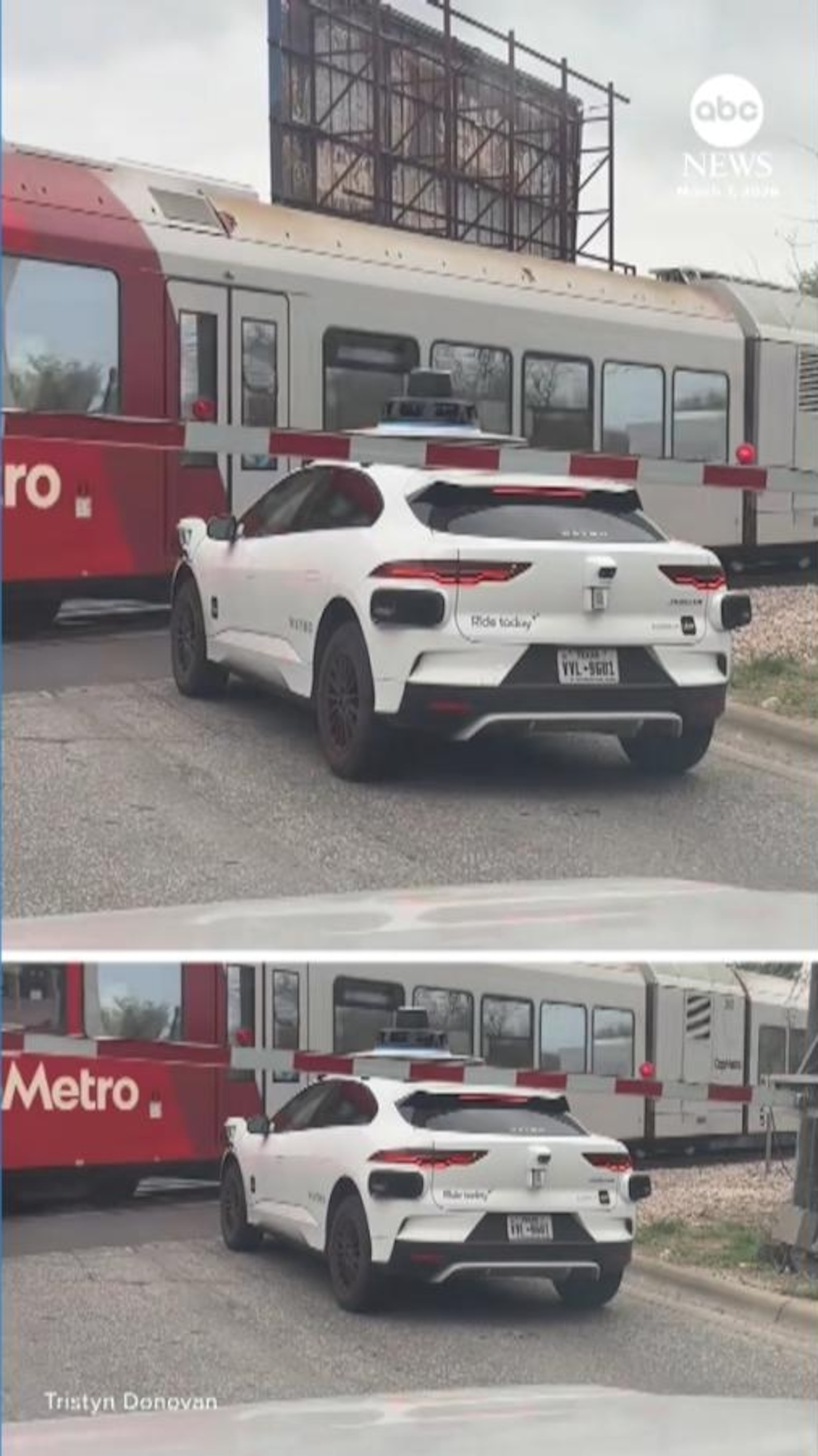 TOMO！アムウェイ Waymo vehicle stops inside railway crossing gate - ABC News