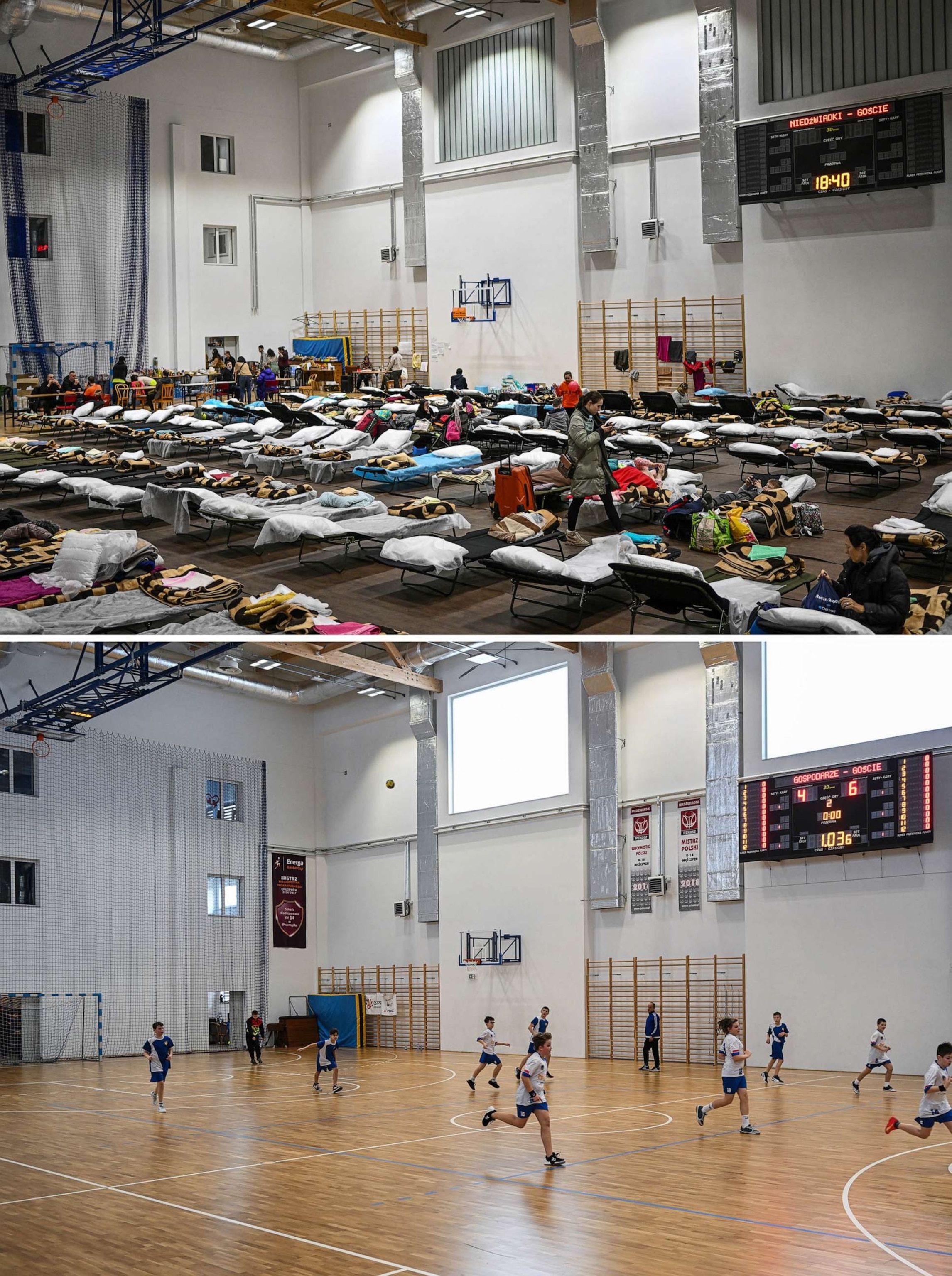 PHOTO: Top image shows Women and children rest inside the sports hall of a primary school which has been converted to a refugee center, March 01, 2022 in Przemysl, Poland. Bottom shows students from the elementary school, Feb. 17, 2023 in Przemysl, Poland