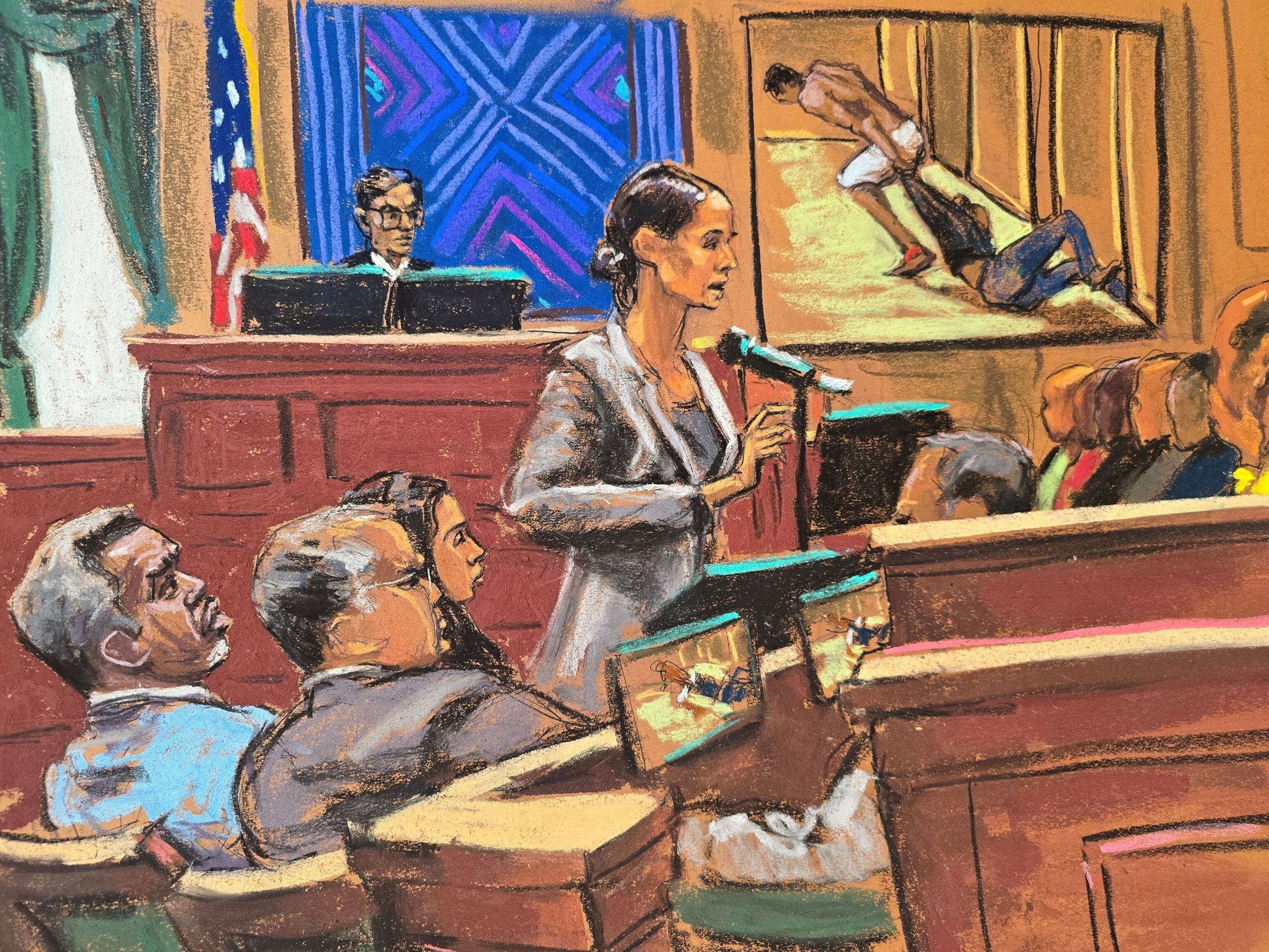 PHOTO: Sean "Diddy" Combs listens alongside his lawyers Marc Agnifilo and Teny Geragos as Assistant Attorney Christy Slavik makes her closing arguments during Combs' sex trafficking trial in New York City, June 26, 2025.