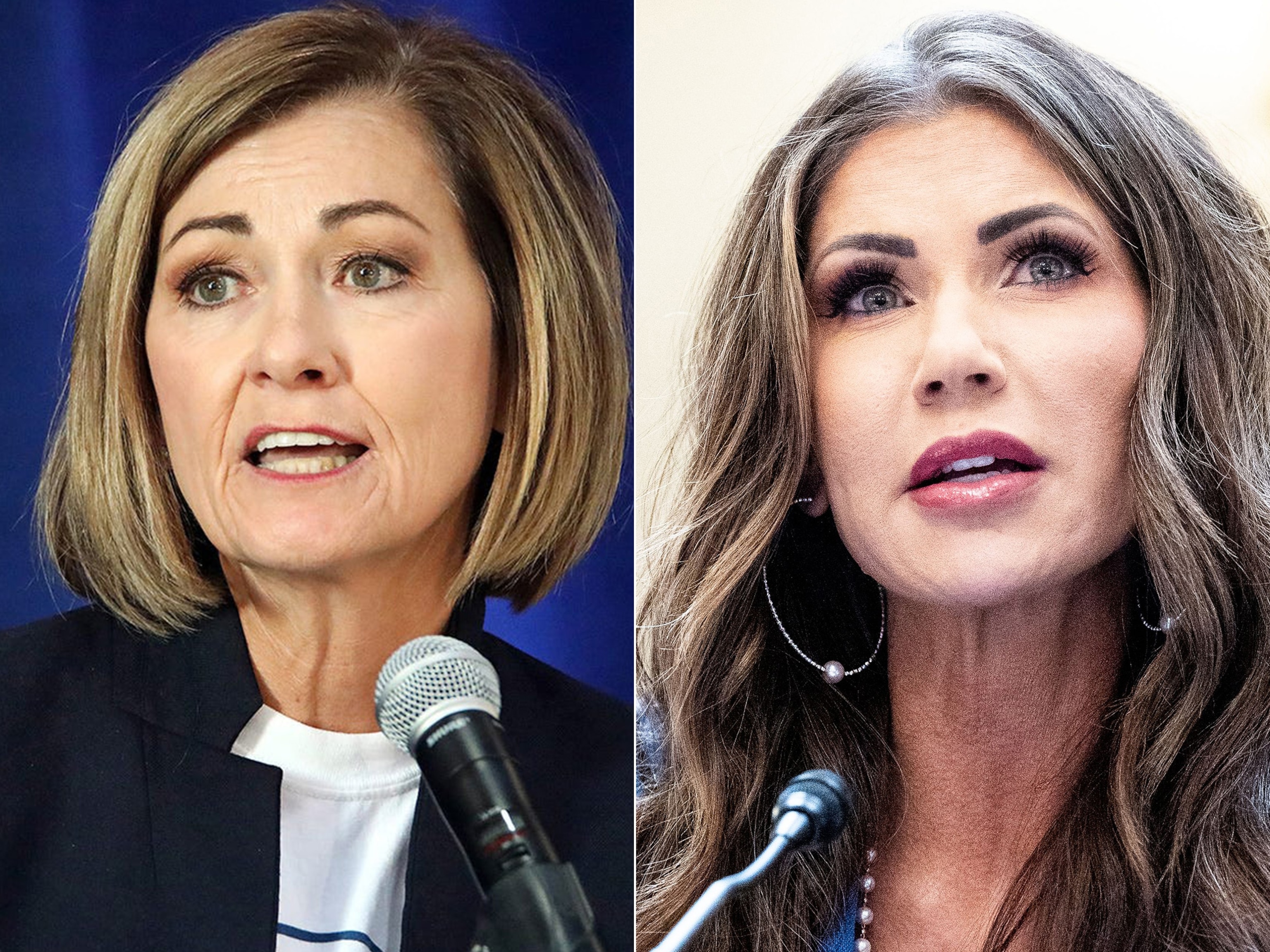 PHOTO: In this Oct. 1, 2022, file photo, Iowa Governor speaks at the Iowa State Fairgrounds in Des Moines. | South Dakota Governor Kristi Noem speaks at a hearing at the U.S. Capitol in Washington, D.C., on June 15, 2023.