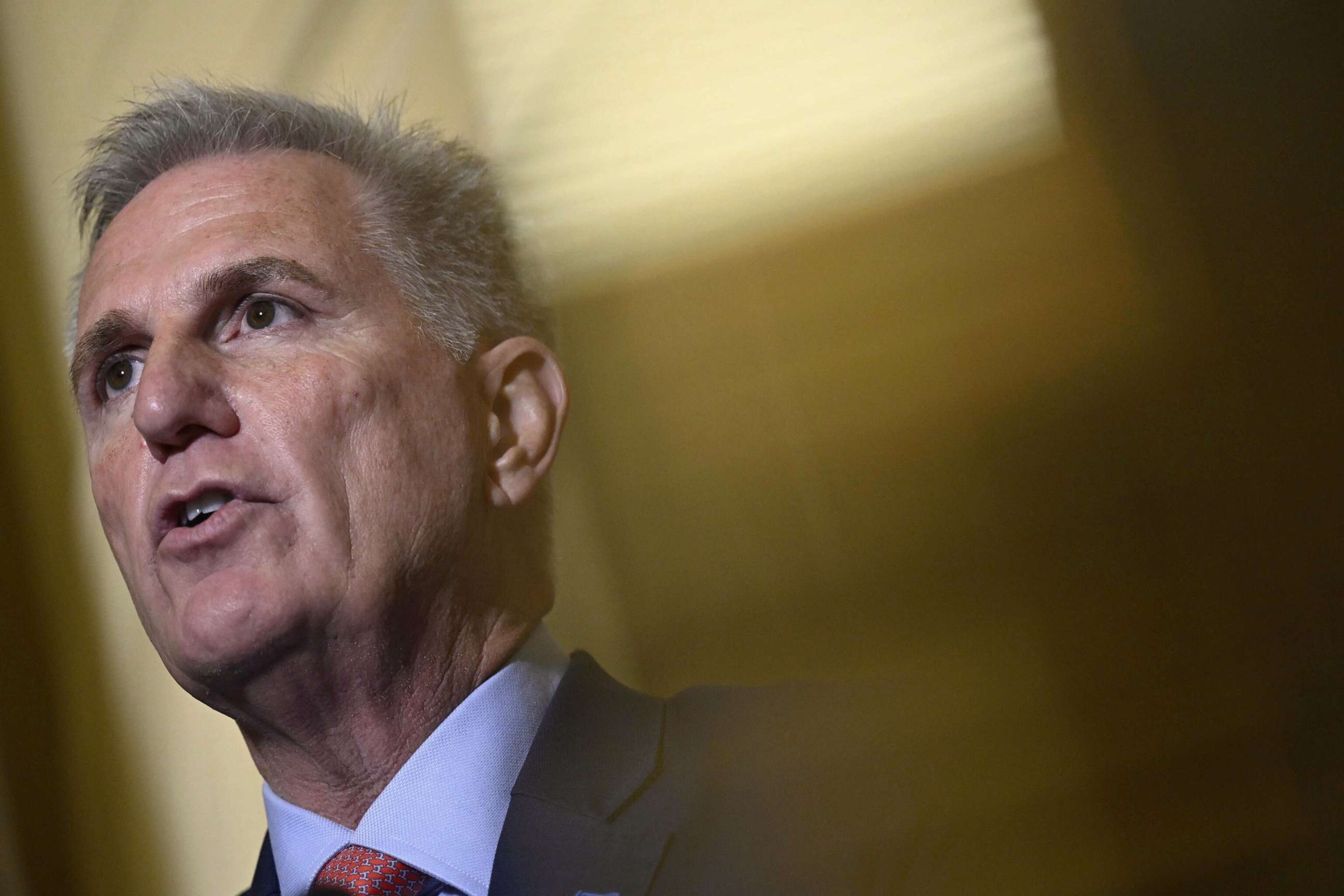 PHOTO: Speaker of the House Kevin McCarthy (R-CA) speaks to reporters outside of his office at the US Capitol Building on Sept. 12, 2023 in Washington, DC.