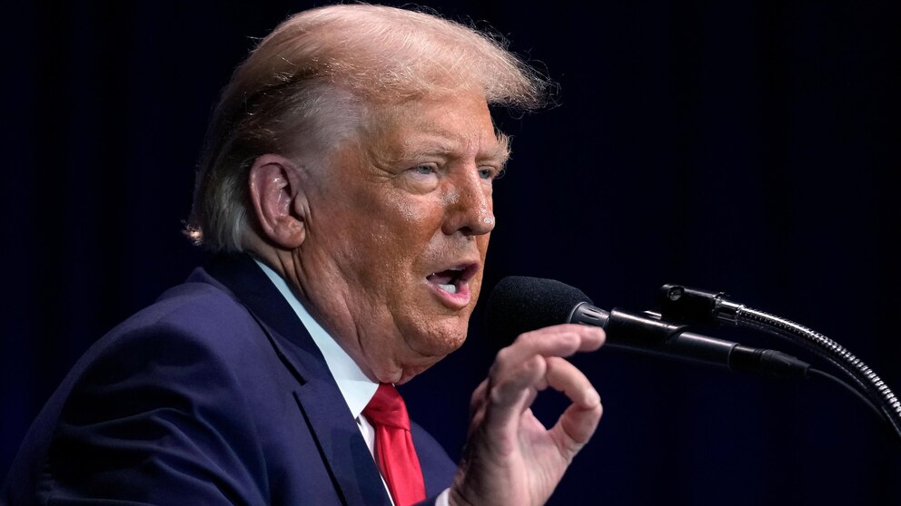 Former President Donald Trump addresses an audience during a campaign event, Monday, Oct. 9, 2023, in Wolfeboro, N.H. (AP Photo/Steven Senne)