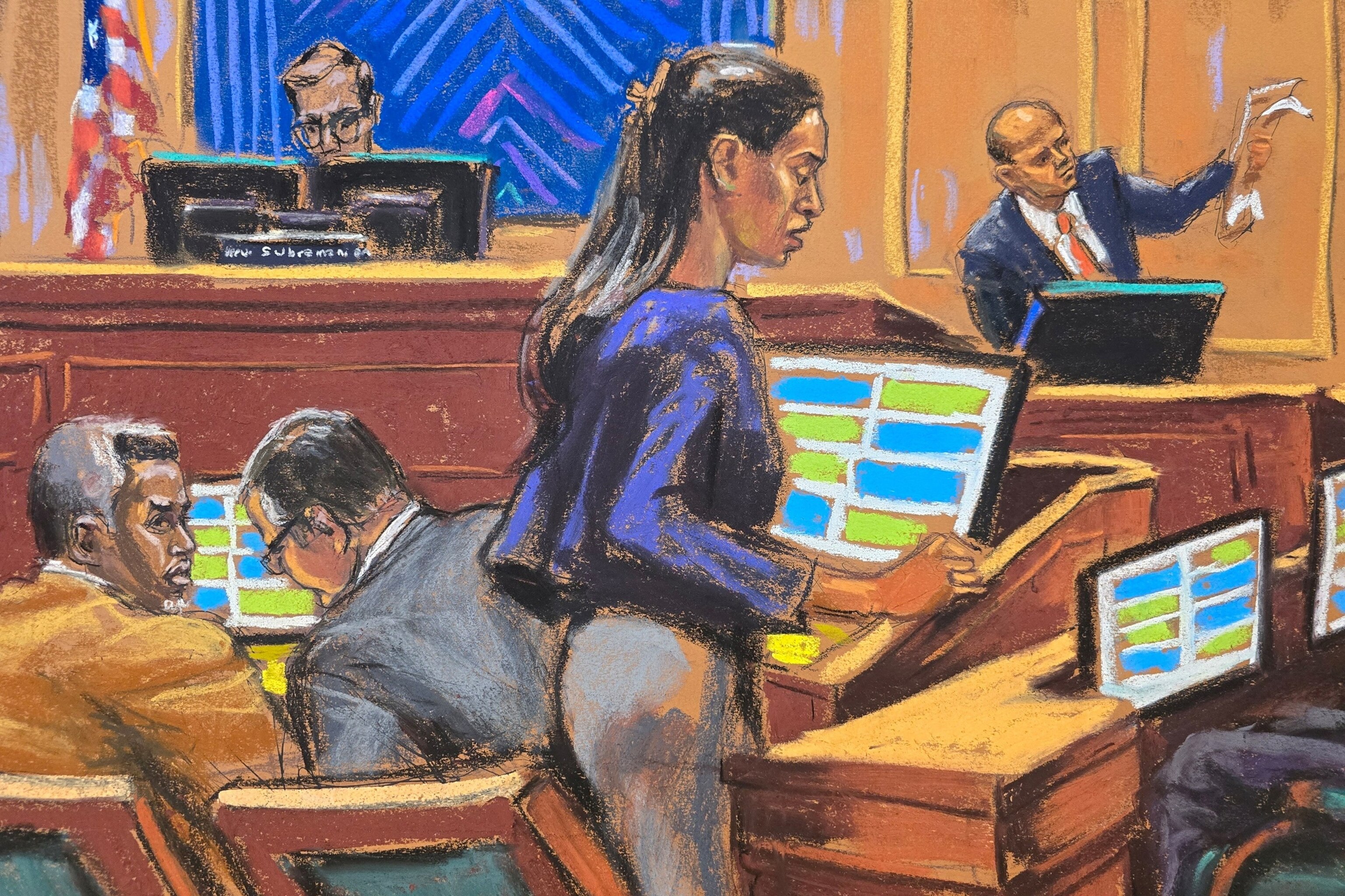 PHOTO: Defense lawyer Teny Geragos questions Joseph Cerciello, as Sean "Diddy" Combs and his defense lawyer Marc Agnifilo watch, during Combs' sex trafficking trial in New York City, June 24, 2025 in this courtroom sketch.