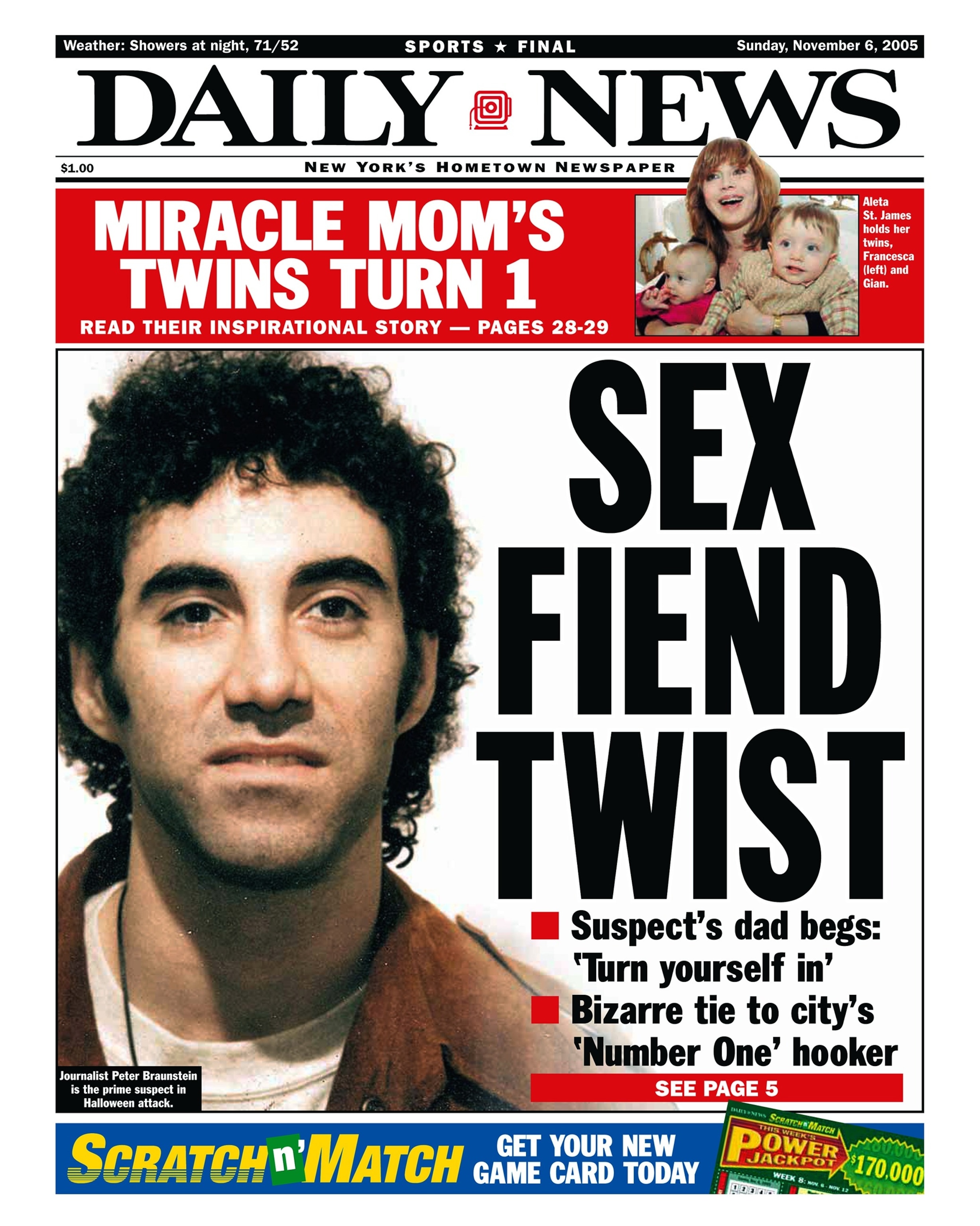 PHOTO: Image of Peter Braunstein featured on the front page of the New York Daily News, Nov. 6, 2005, during the six-week manhunt for the perpetrator of a Halloween sex attack in New York City. 