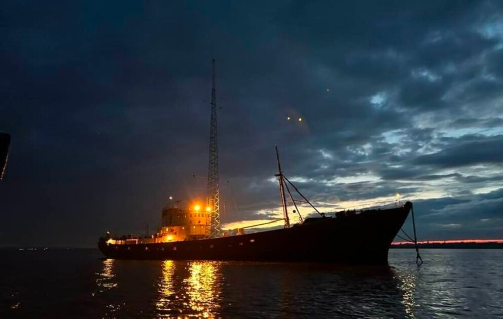 PHOTO: Departing Caroline.  Leaving Radio Caroline on a fishing tender after another weekend's broadcast. 