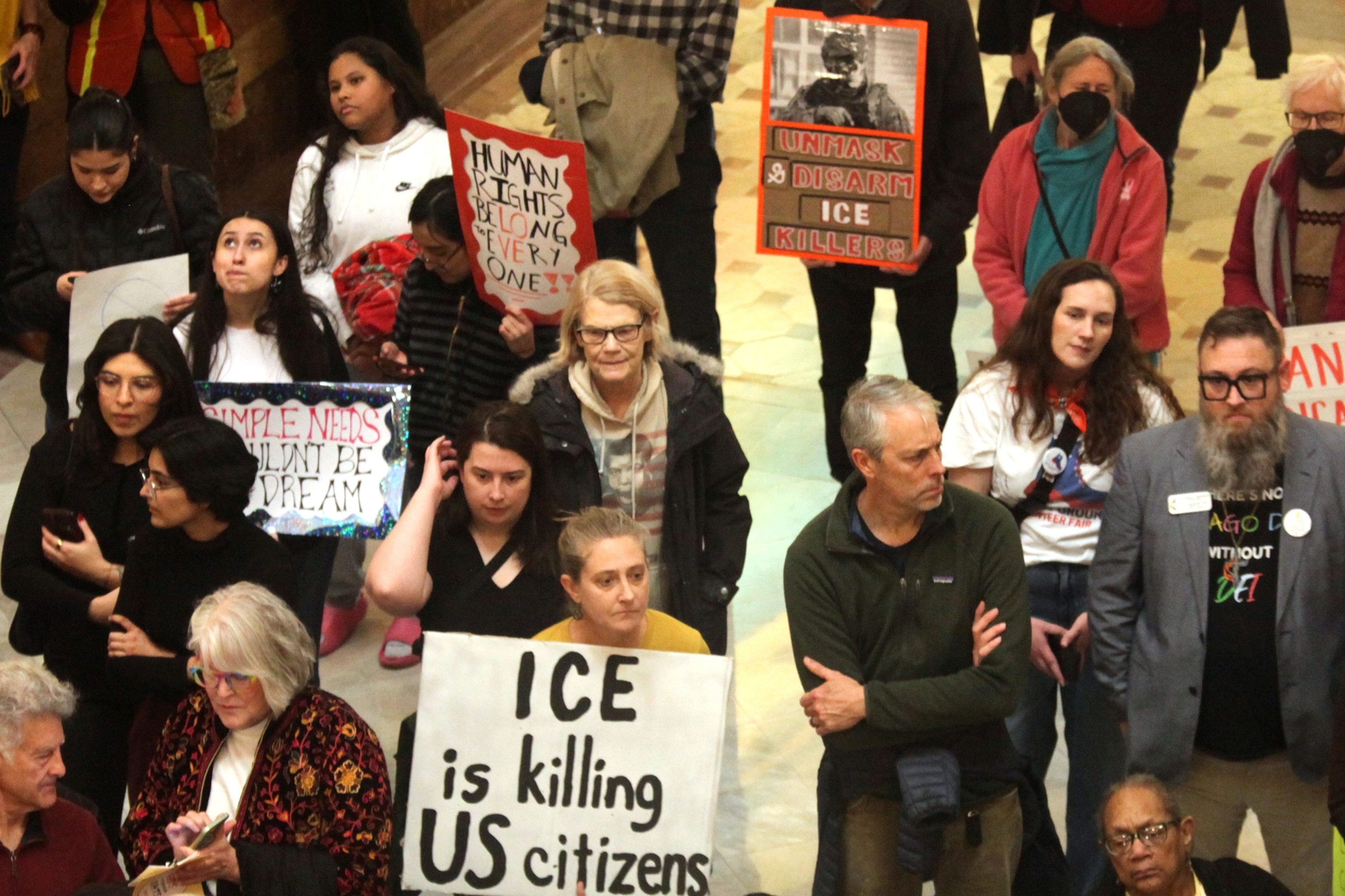 PHOTO: This Jan. 14, 2026, file photo, shows a protest against Trump administration policies on the second floor rotunda of the Kansas Statehouse in Topeka, Kansas.