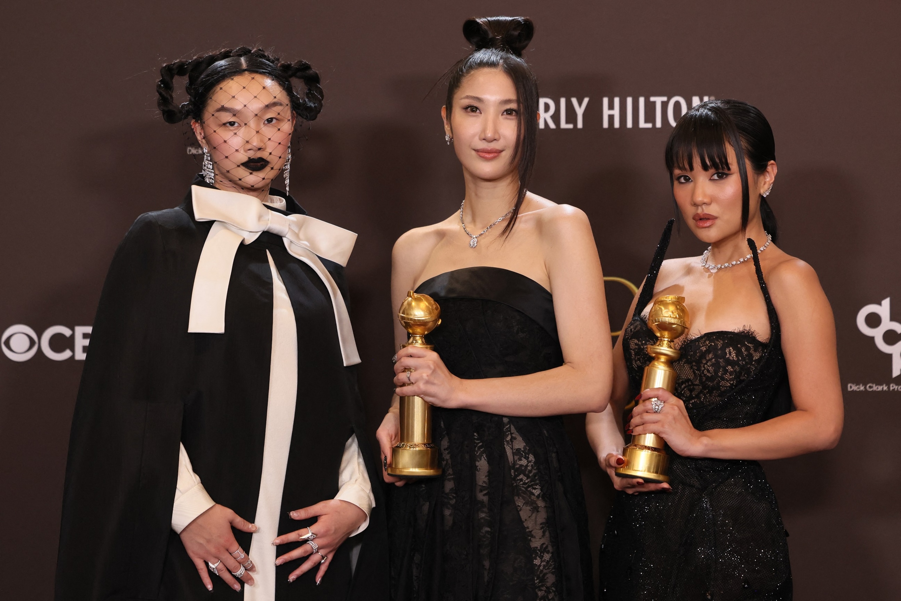 Audrey Nuna, EJAE and Rei Ami, winners of the Best Original Song - Motion Picture for "Golden" from "KPop Demon Hunters," at the 83rd annual Golden Globe Awards in Beverly Hills, California, on January 11, 2026. 