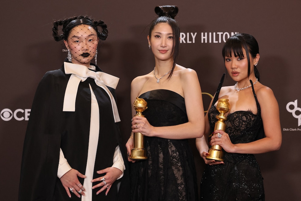 Audrey Nuna, EJAE and Rei Ami, winners of the Best Original Song - Motion Picture for "Golden" from "KPop Demon Hunters," at the 83rd annual Golden Globe Awards in Beverly Hills, California, on January 11, 2026.