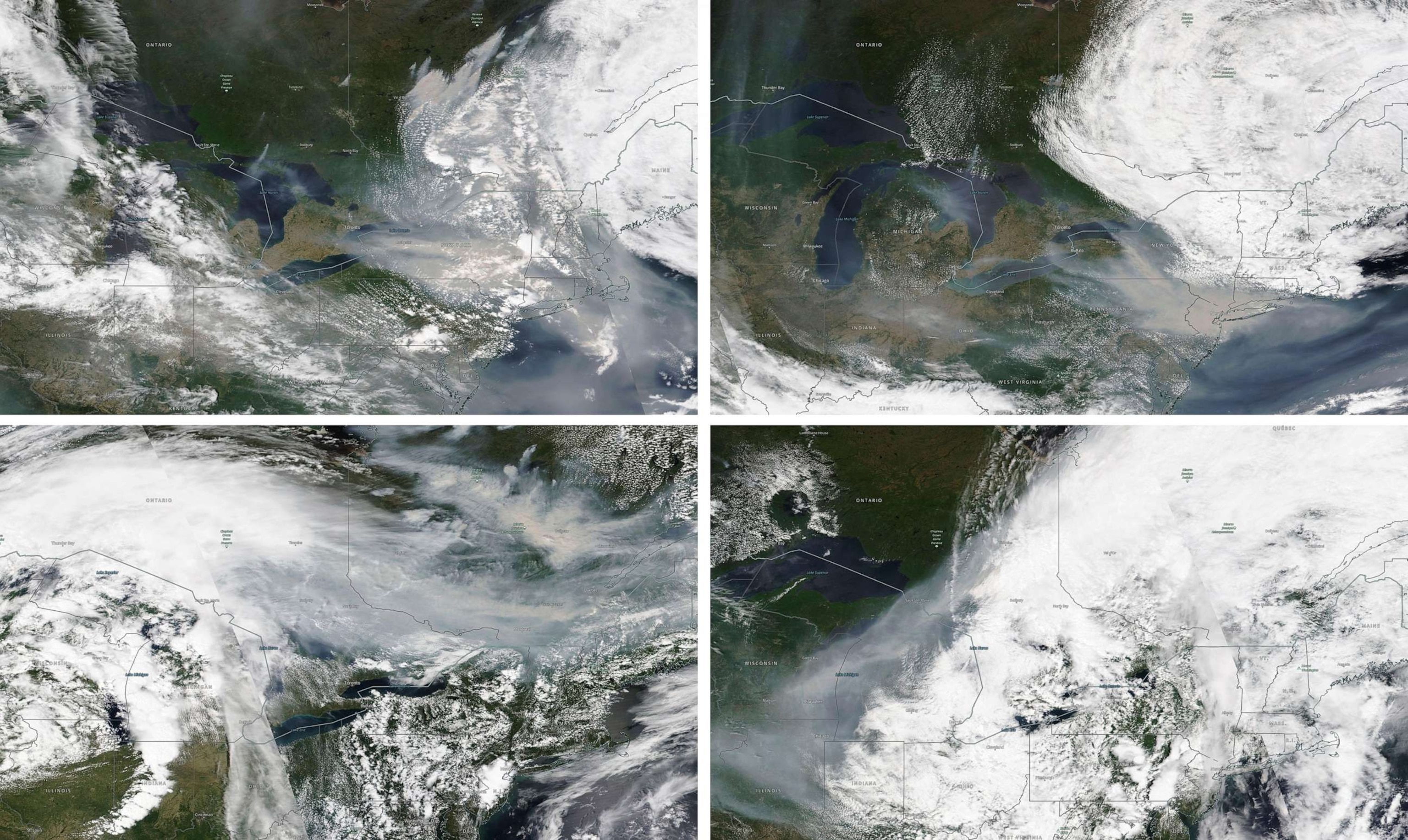 PHOTO: These satellite images from June 6, from top left, June 7, June 25, and June 27, 2023, show the wind movement from wildfire smoke in Quebec, Canada.