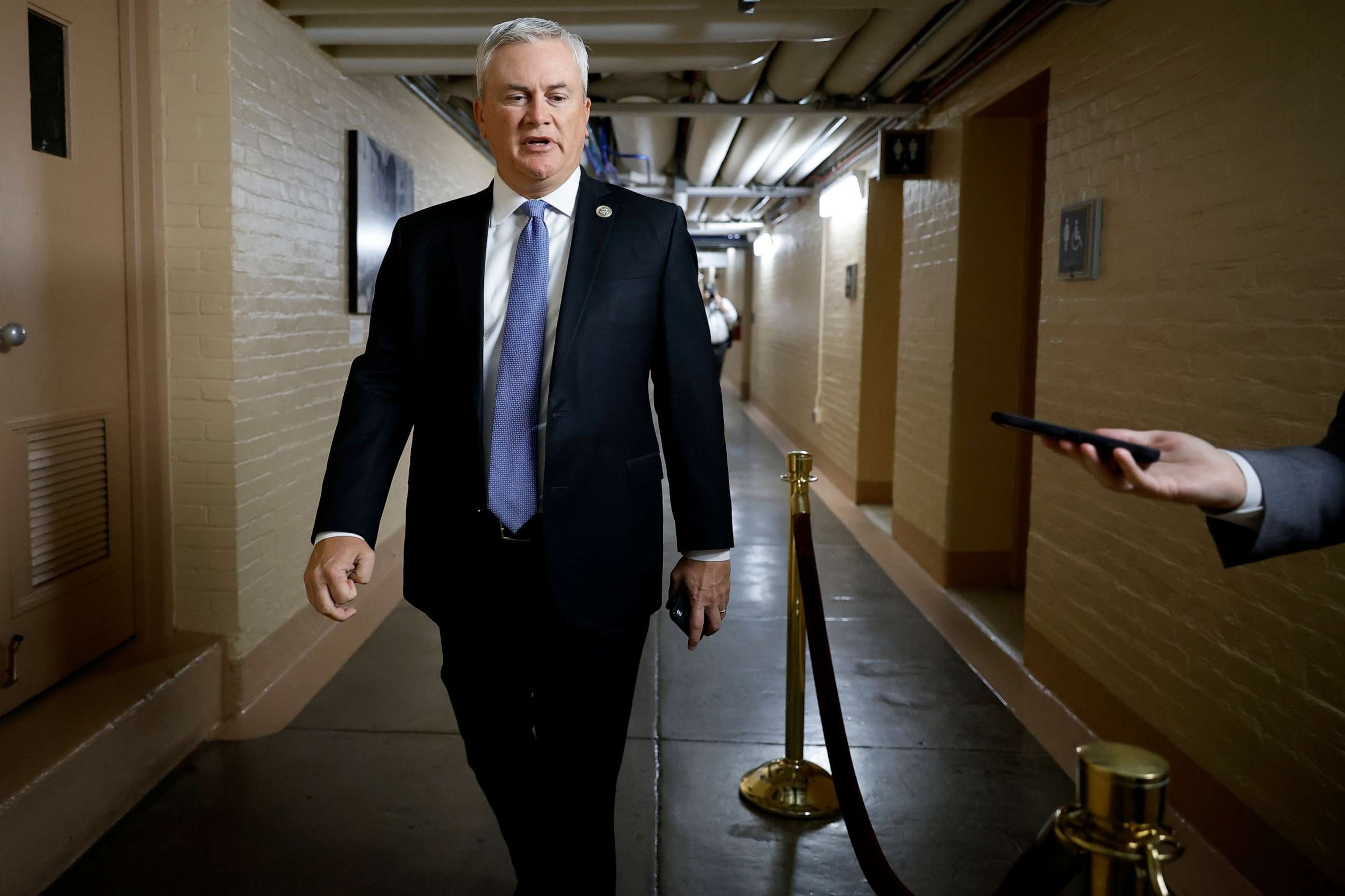 PHOTO: House Oversight and Accountability Committee Chairman James Comer (R-KY) arrives for a Republican caucus meeting in the basement of the U.S. Capitol on September 14, 2023 in Washington, DC.