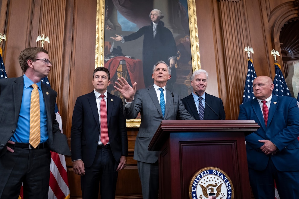 PHOTO: French Hill, Dusty Johnson, Glenn Thompson, Bryan Steil, Tom Emmer speak to reporters at the Capitol in Washington, July 17, 2025.