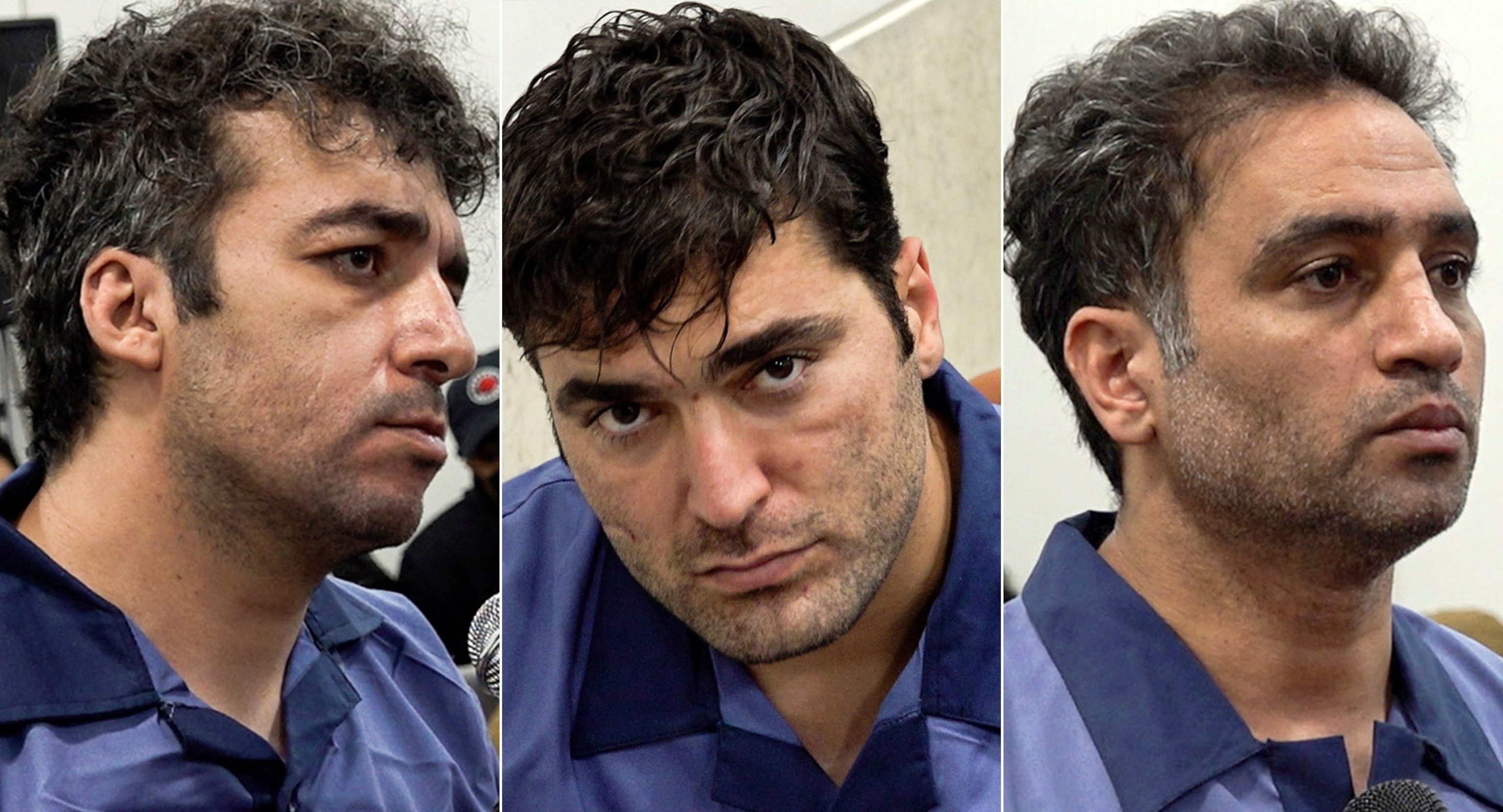 PHOTO: Three men Saleh Mirhashemi, Majid Kazemi and Saeed Yaghoubi are pictured at their trial Jan 9, 2023 in Tehran, Iran.