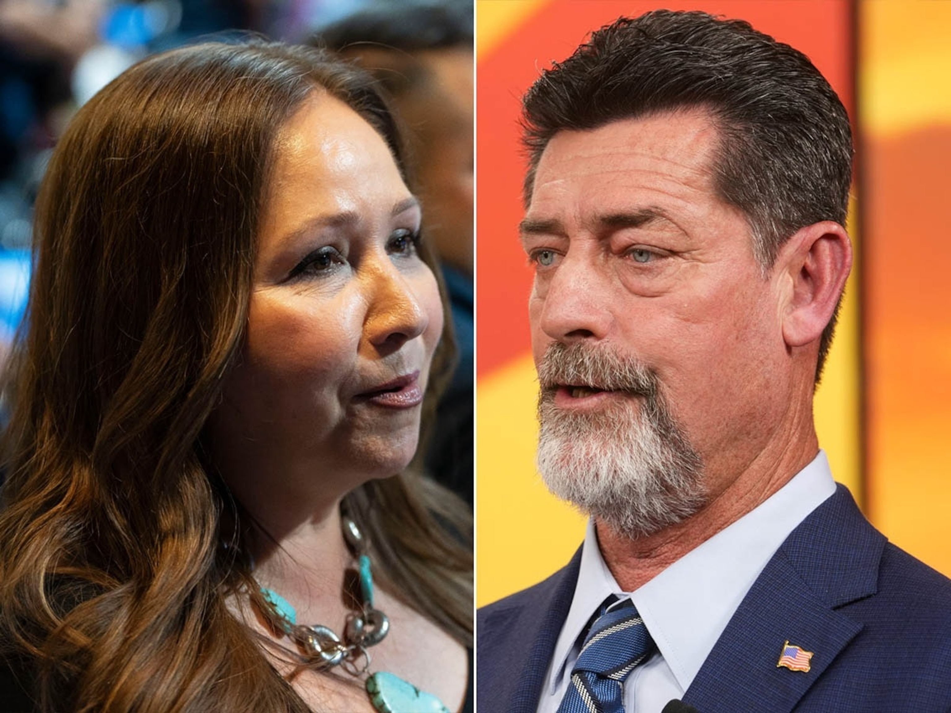 PHOTO: Democratic congressional candidate Adelita Grijalva during a primary election-night party, July 15, 2025, in Tucson, Ariz. Republican congressional candidate Daniel Butierez speaks during the Clean Elections CD7 debate in Phoenix, Sept. 24, 2024.