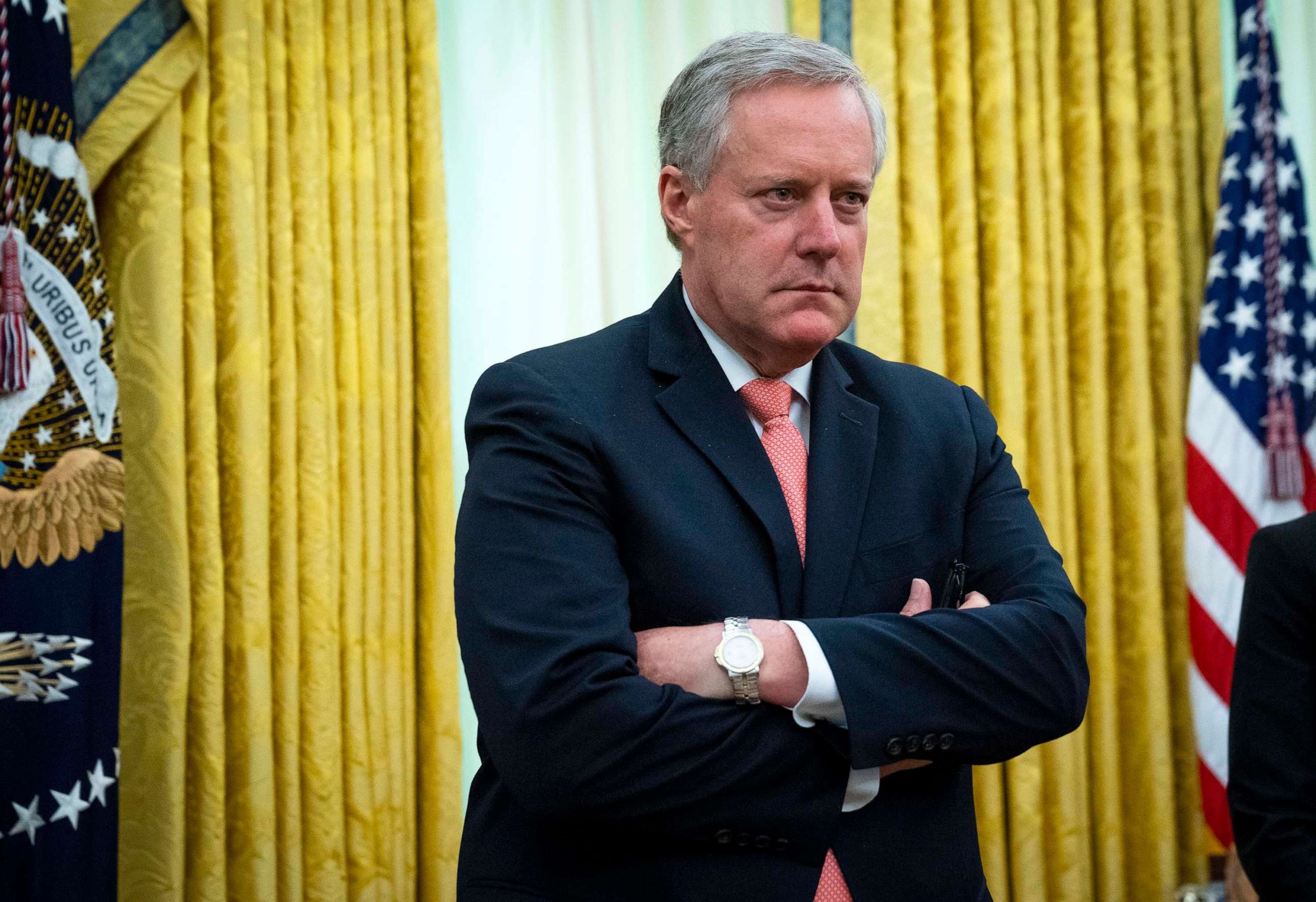 PHOTO: In this April 30, 2020, file photo, White House Chief of Staff Mark Meadows listens as President Donald Trump meets with New Jersey Gov. Phil Murphy in the Oval Office of the White House in Washington, D.C.