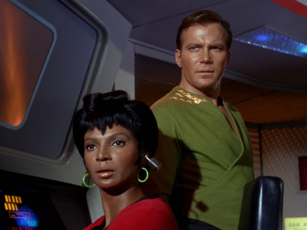 Nichelle Nichols as Lieutenant Uhura and William Shatner as Captain James T. Kirk in the "Star Trek" episode, "Charlie X." 