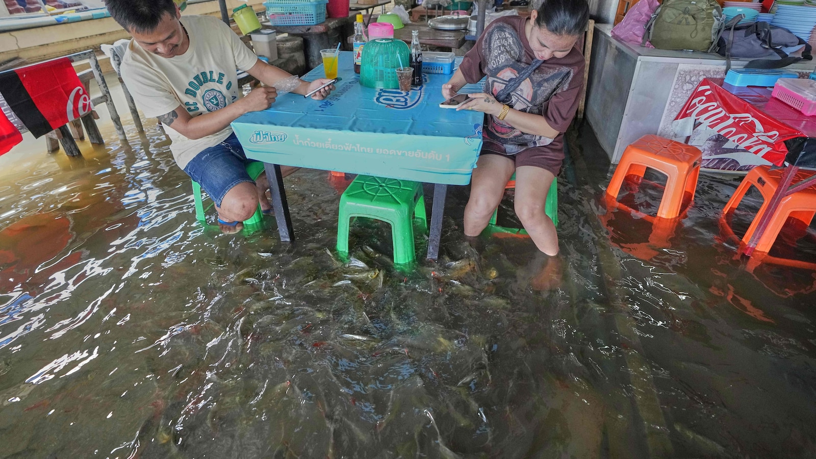 A flooded restaurant in Thailand brings delight with swimming fish among diners