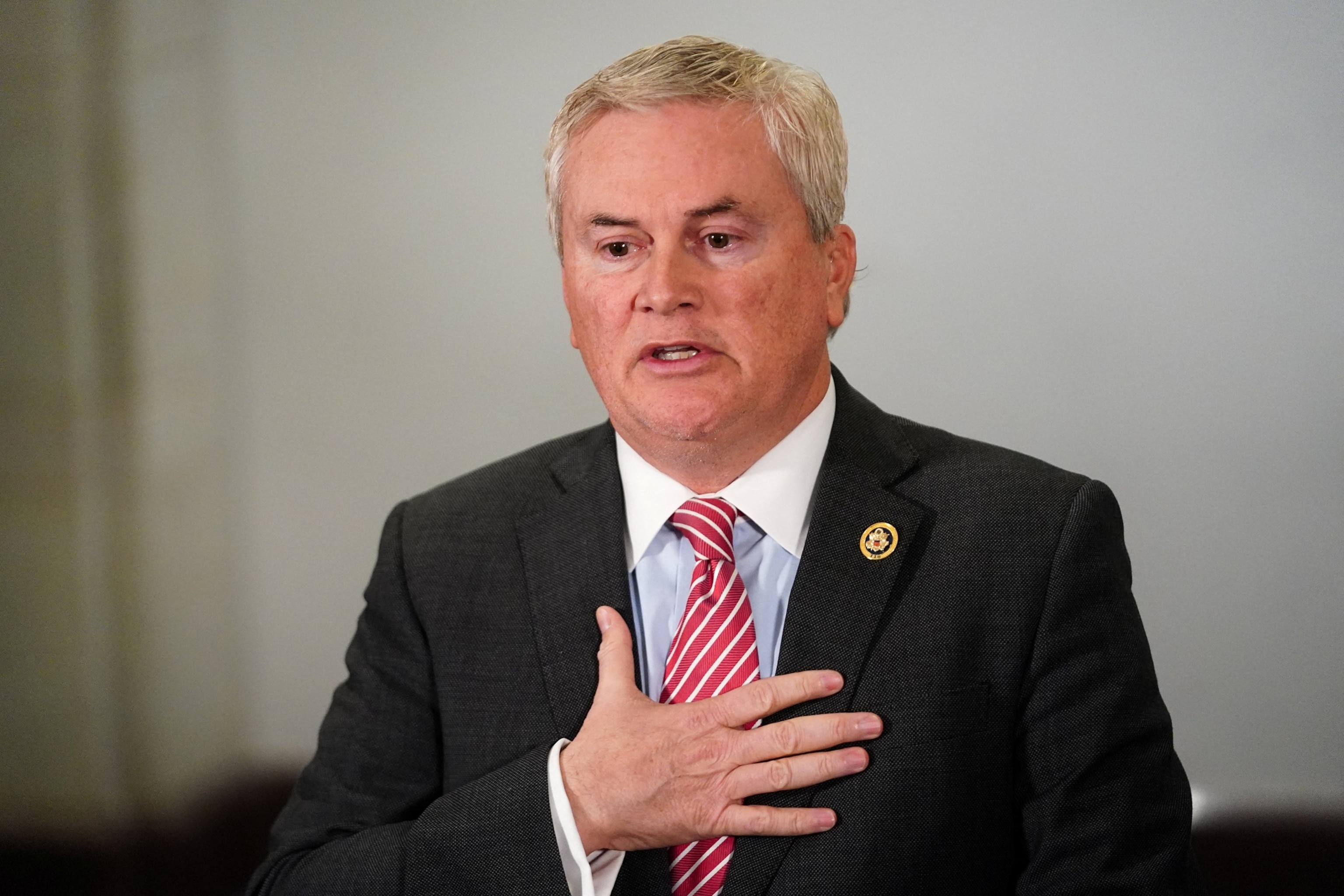 PHOTO: Chairman James Comer speaks to the media following a closed-door briefing on Capitol Hill, March 18, 2026.