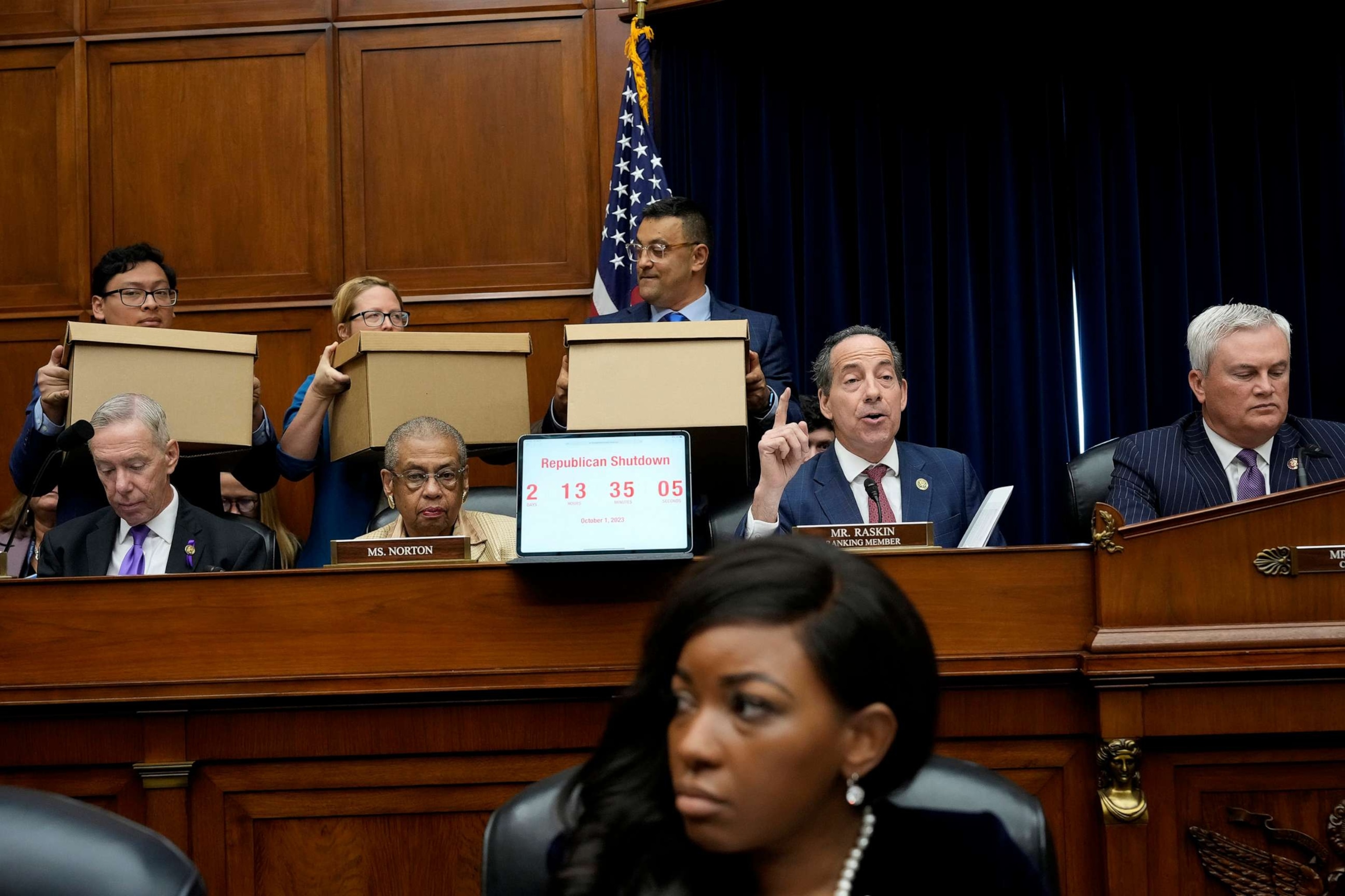 PHOTO: (L-R) Rep. Stephen Lynch, Rep. Eleanor Holmes Norton, Rep. Jamie Raskin and Rep. James Comer participate at the House Oversight and Accountability Committee impeachment inquiry hearing into President Joe Biden, Sept. 28, 2023, in Washington.